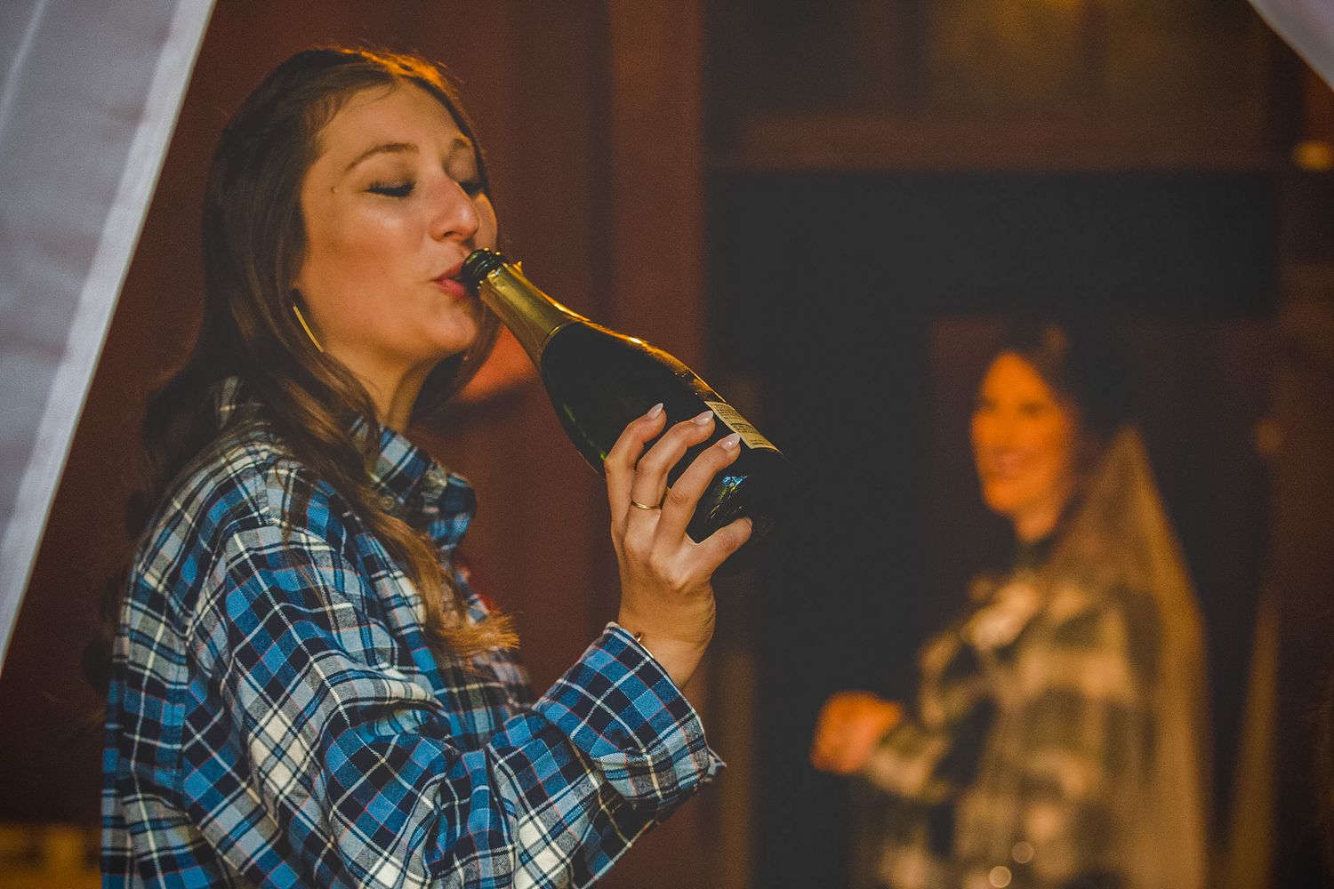 Lifestyle photography featuring plaid shirts and festive party activities.