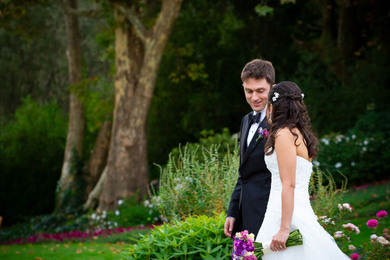 Series of candid wedding moments captured in a natural outdoor garden setting.