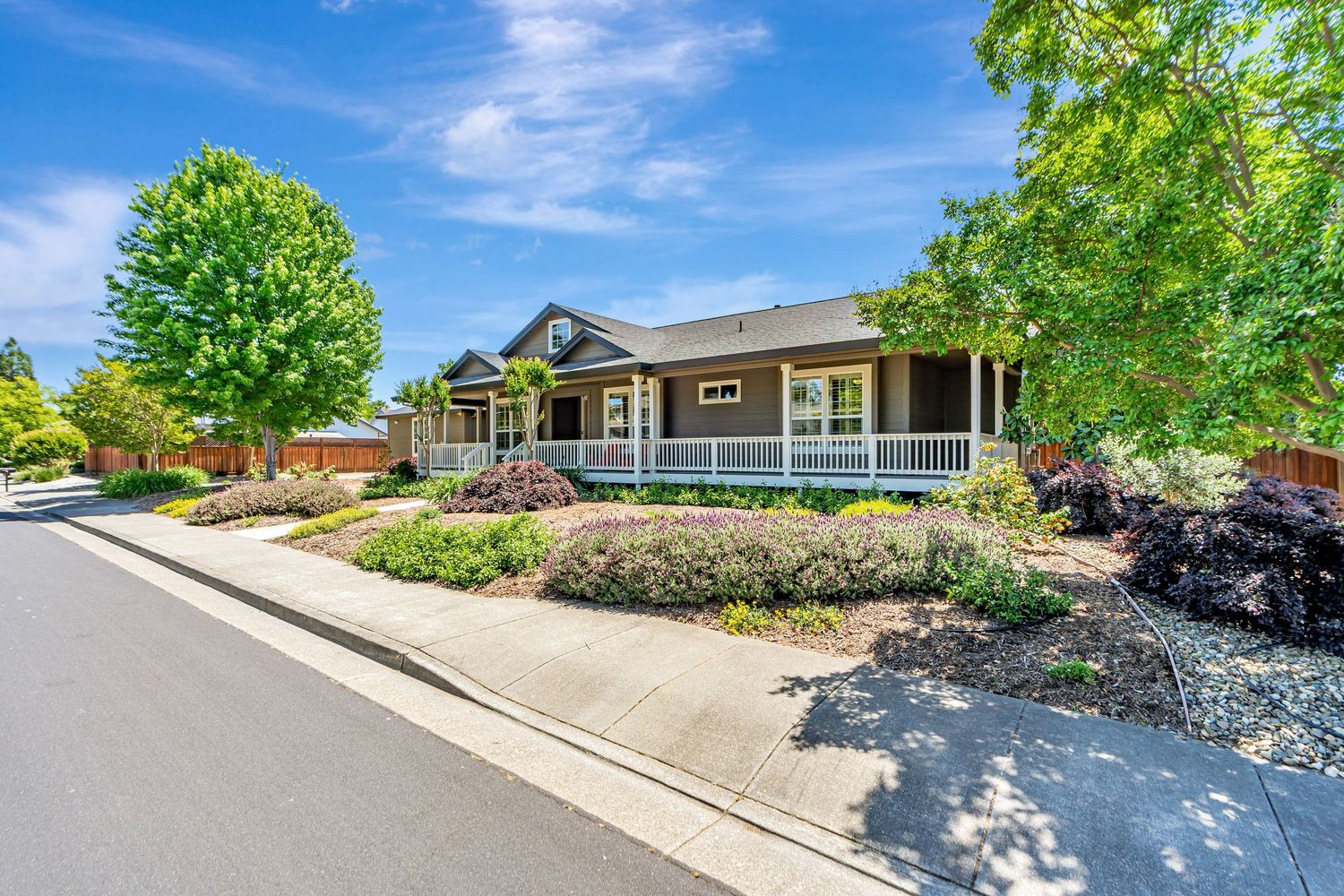 Contemporary single-story home with wraparound porch and drought-resistant landscaping.