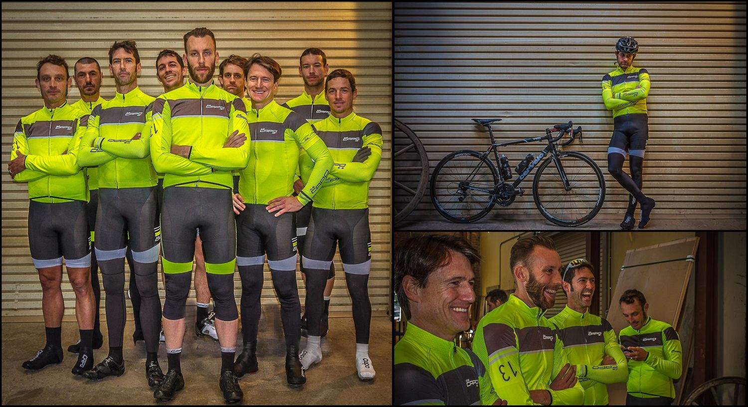 Collage of cycling team photos showing members in fluorescent yellow jerseys with bikes.