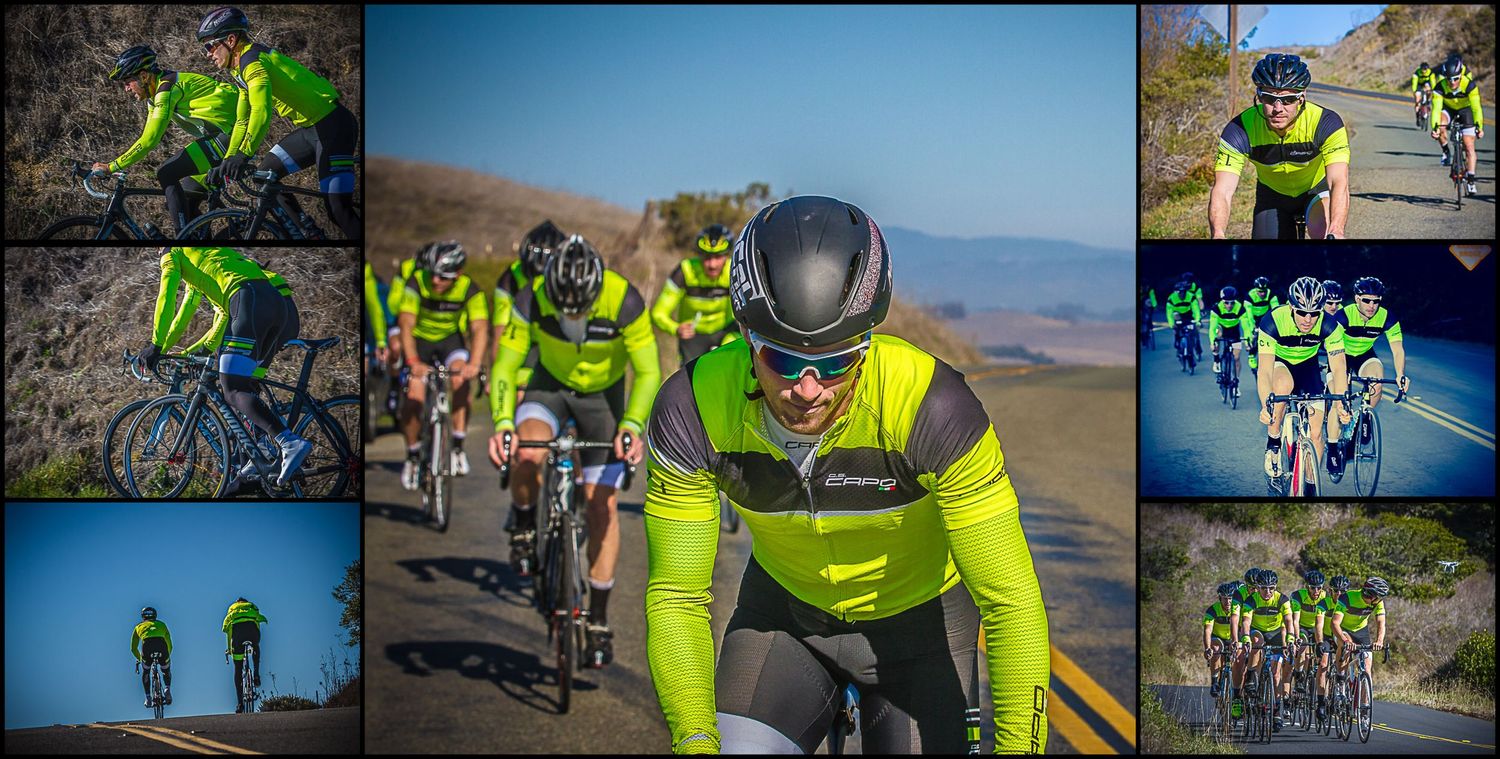 Multi-photo collage showing cyclists in fluorescent gear riding through various terrains.