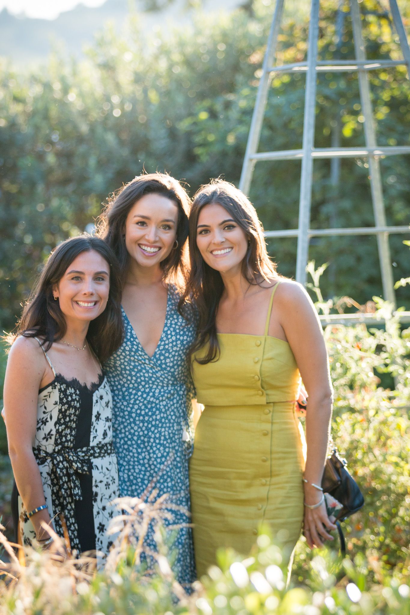 Three women smiling together in a garden with a ladder in the background.