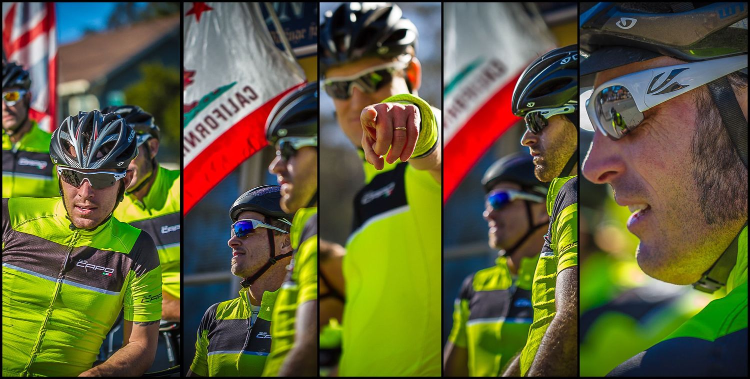 Group of cyclists in bright green safety gear riding together during an event.