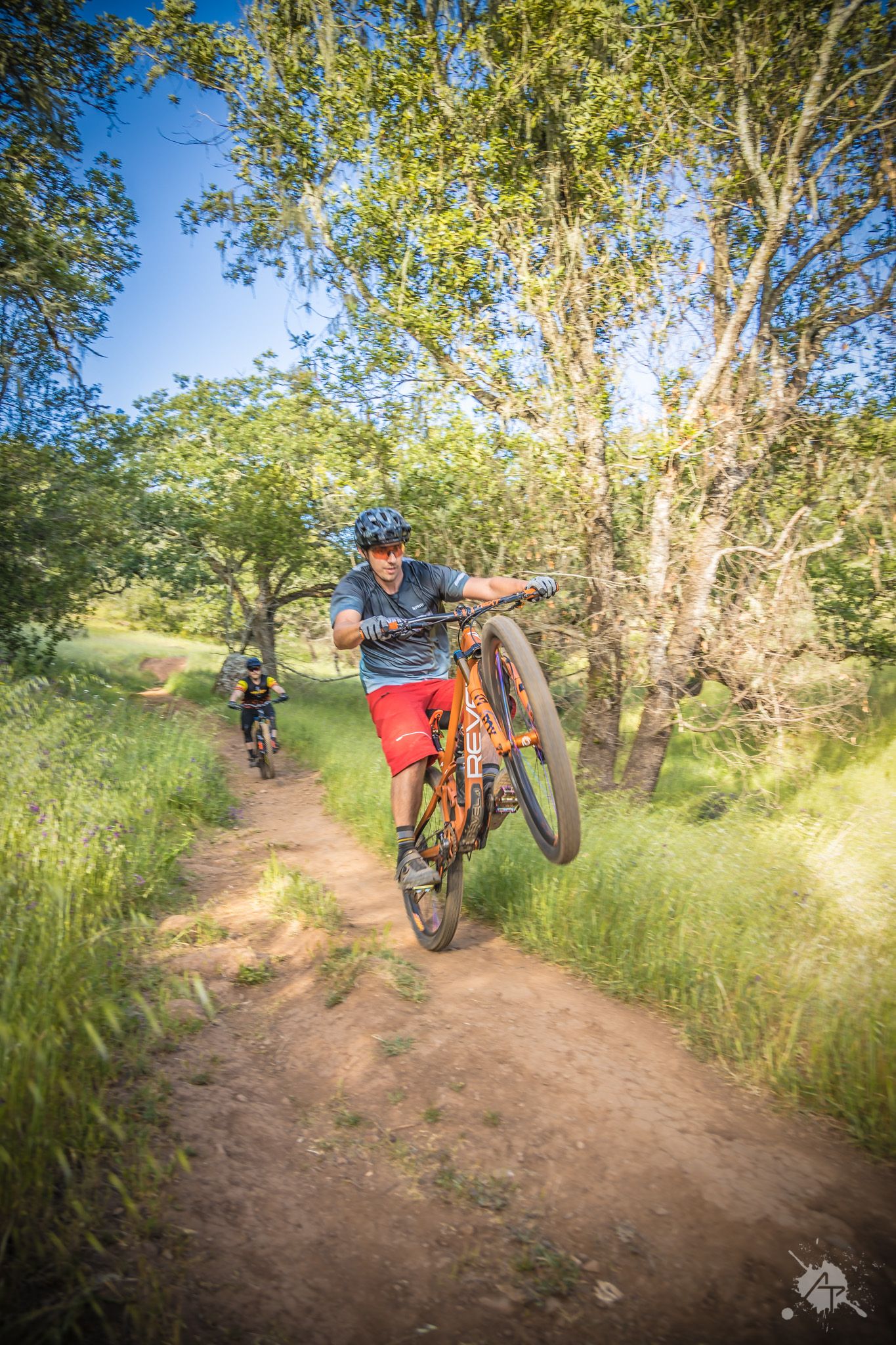 Mountain biker carrying bike on dirt trail through sunny wooded area with green foliage and another rider in background.