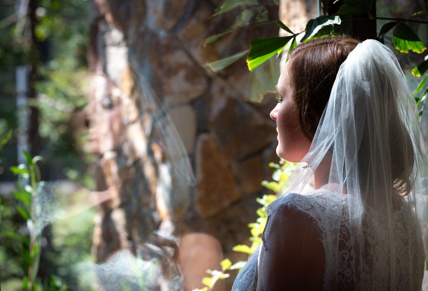 A bride in a white lace dress and veil gazes into the distance among lush greenery.
