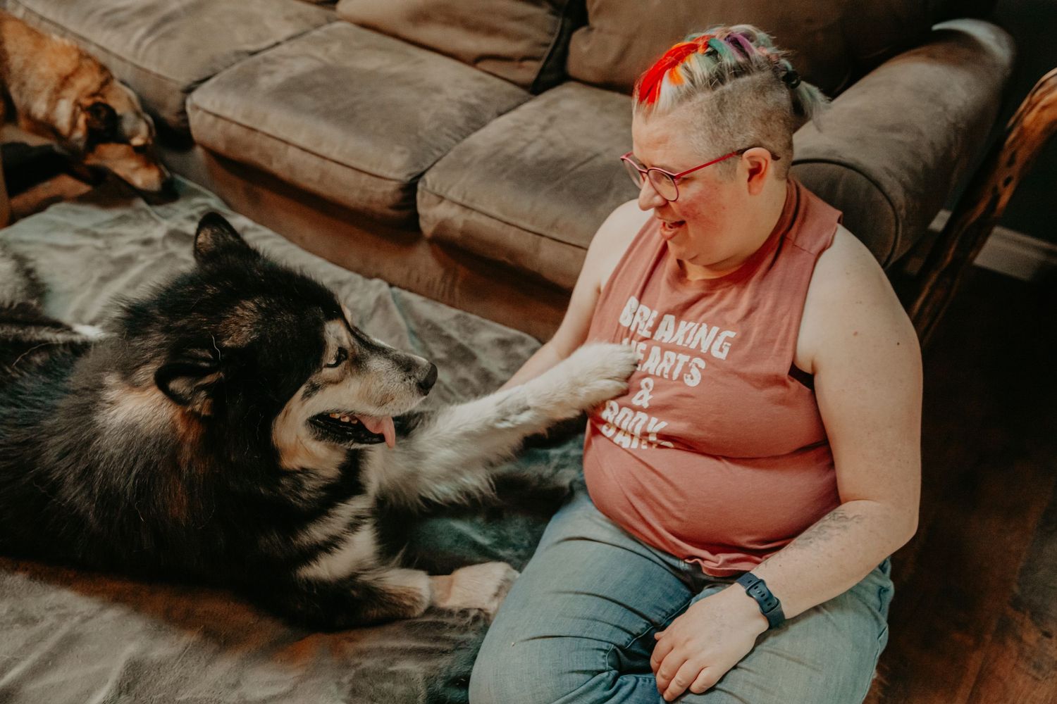 A fluffy black and white dog rests on a brown leather couch next to someone wearing a pink tank top.