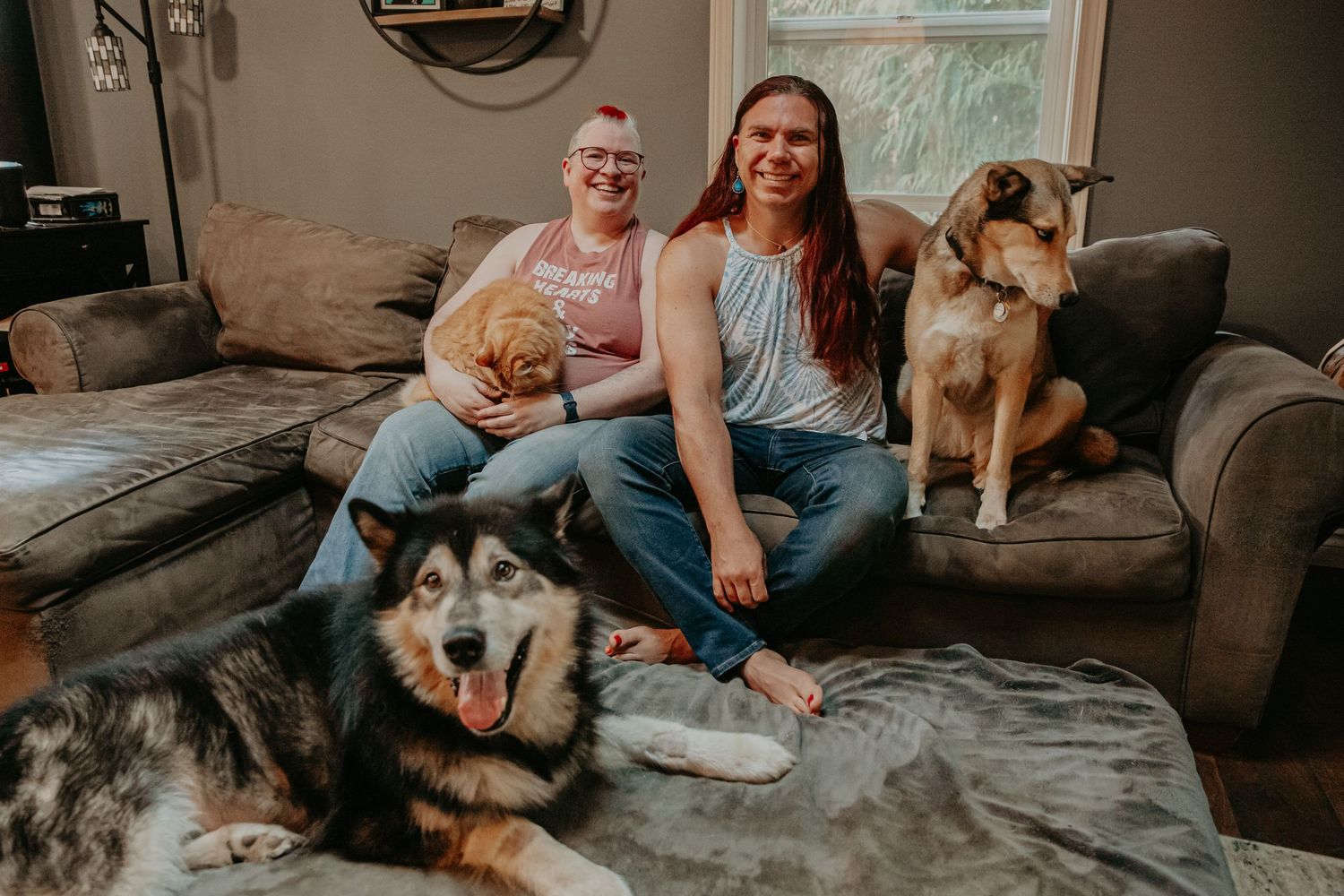 A relaxed indoor portrait with pets including an orange cat, husky, and tan dog gathered on a comfortable couch.