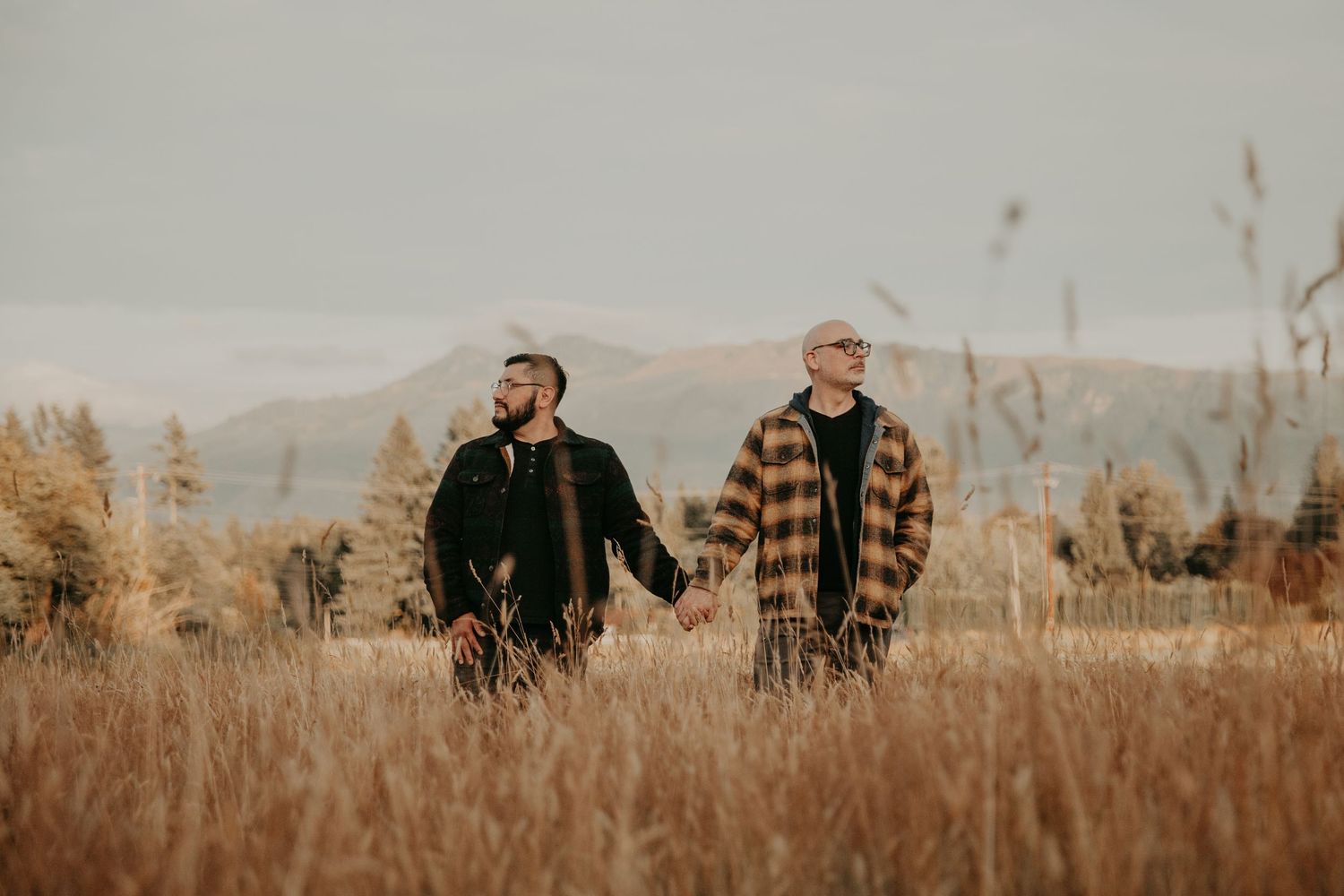 People walking together through a golden field of tall grass with mountains visible in the distant background.