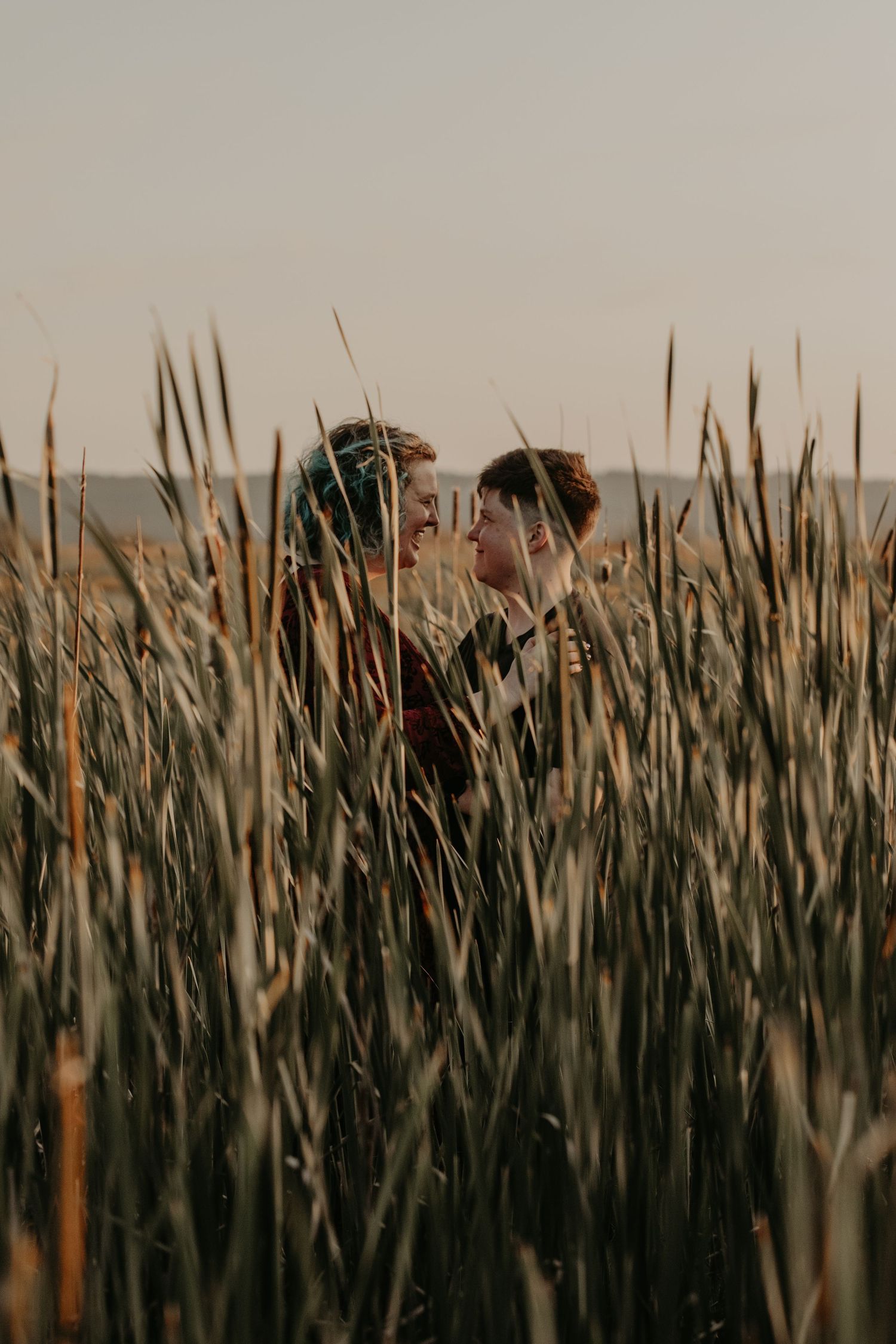 Silhouetted couple embracing among tall grasses during sunset.
