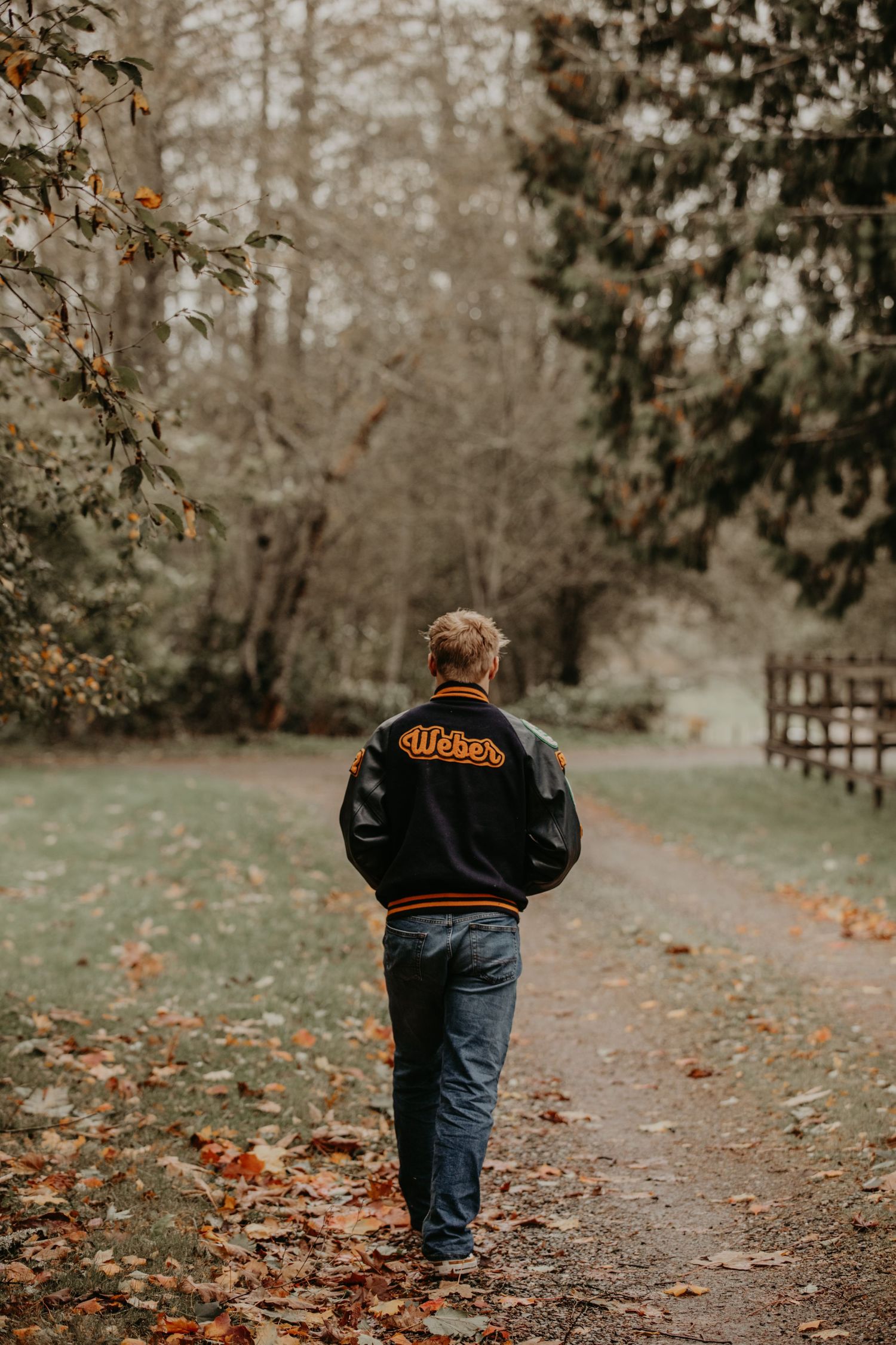 Person wearing dark jacket walks alone on autumn path through misty woods with fallen leaves and wooden fence.