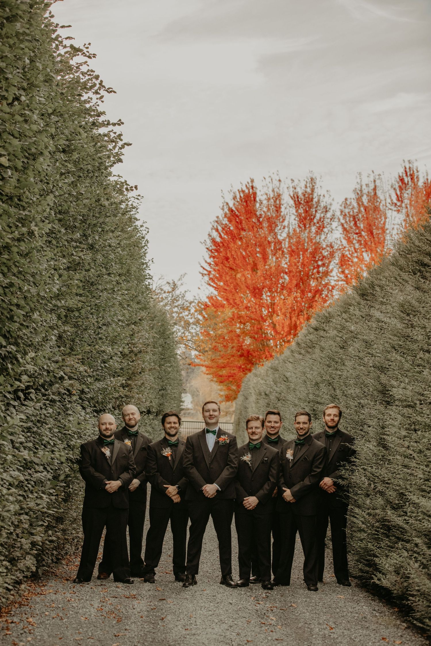 A wedding party in black suits poses on a path between tall hedges with vibrant orange fall foliage.