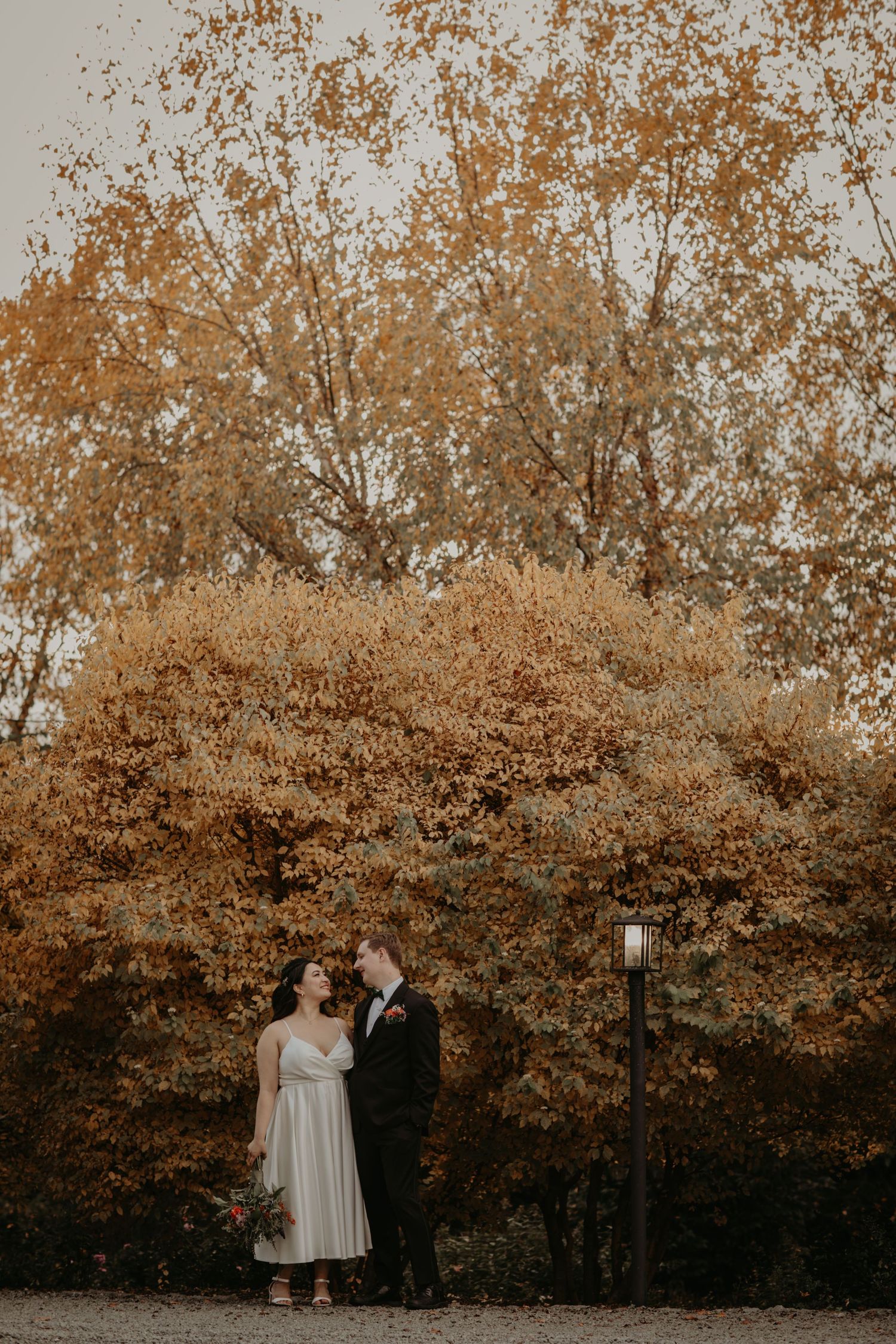 A couple shares an intimate moment in front of autumn foliage and a lamp post on a romantic day.