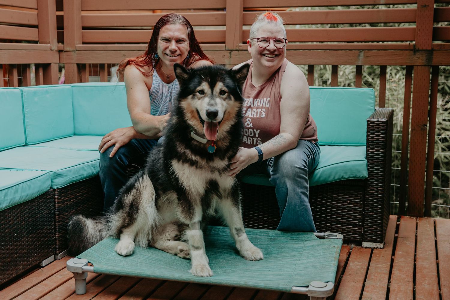 A large Husky mix dog sits on turquoise outdoor patio furniture with two people on a wooden deck.