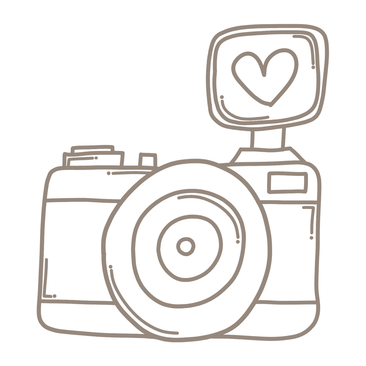 Outline sketch of a vintage camera with a heart icon display on top.