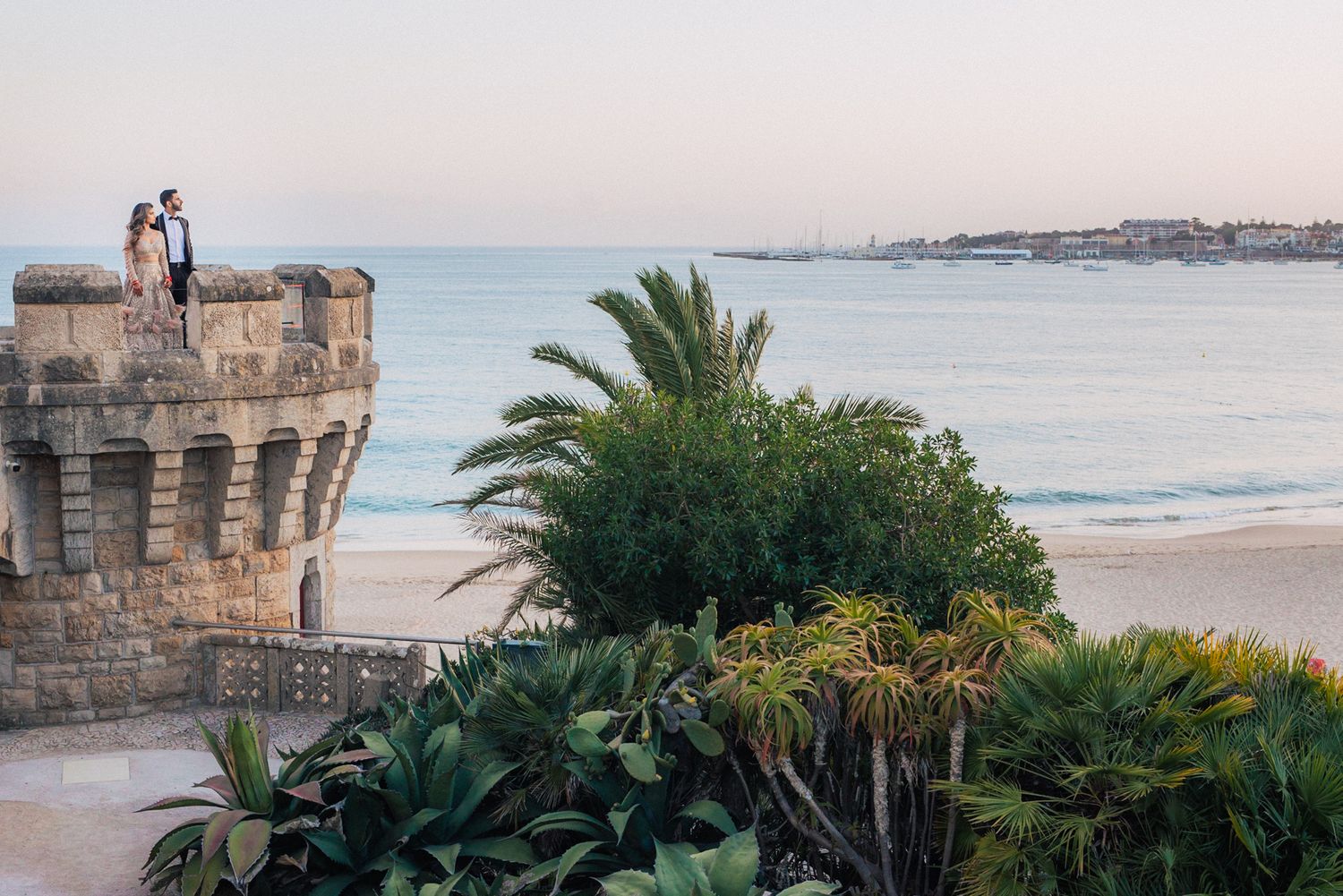 A serene moment between the bride and groom during their Destination Indian Wedding in Portugal at Forte da Cruz wedding venue