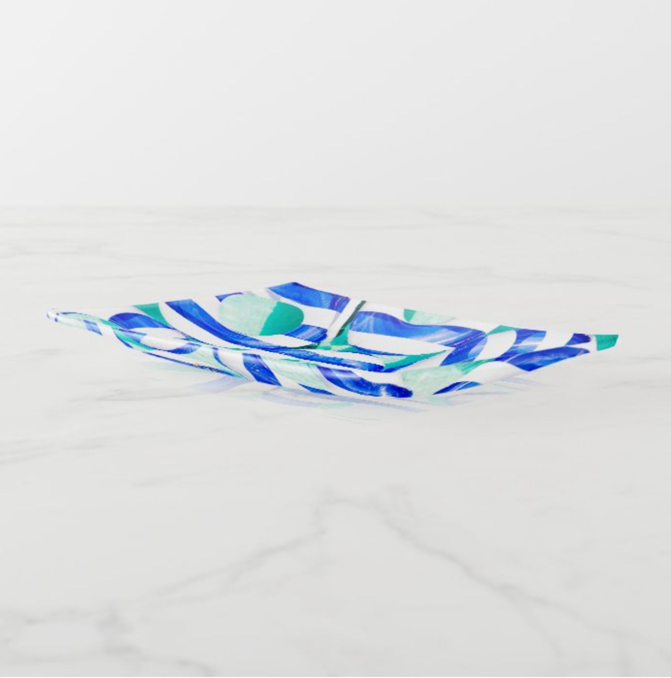 Abstract 3D waves in shades of blue and green undulate against a light gray background.