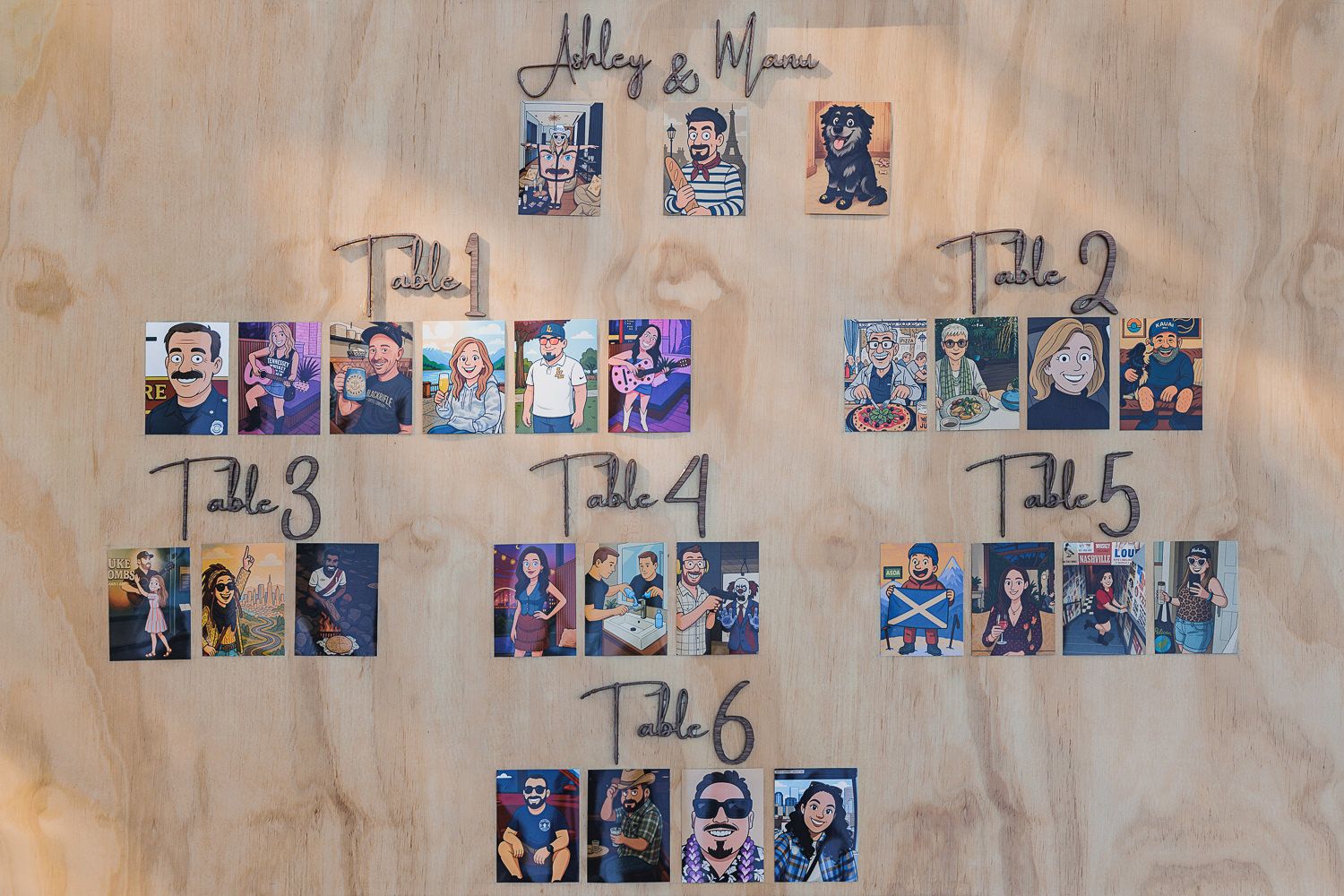 A rustic wall display featuring a collection of family photos arranged in a casual, gallery-style layout.