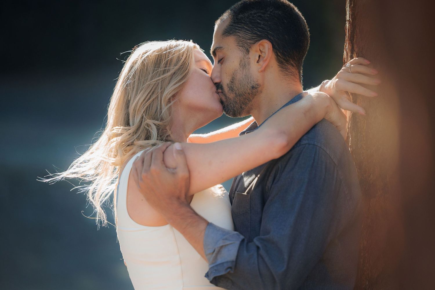 A romantic series of silhouetted wedding kisses between a couple with soft backlit glow and dramatic lighting.