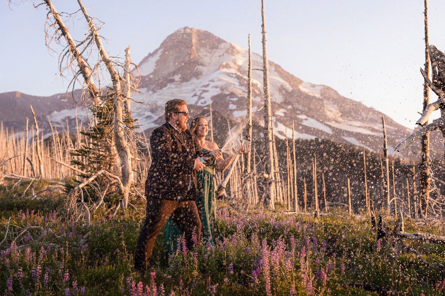 A hiker explores a mountain landscape at sunset amongst blooming wildflowers and weathered trees with snowy peaks in view.