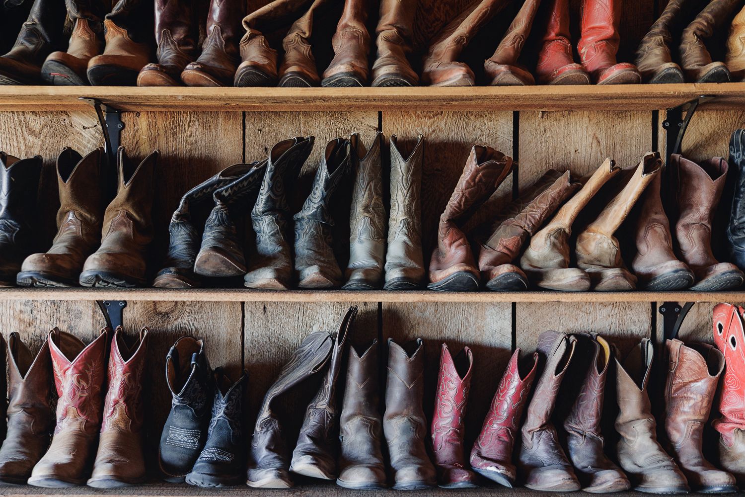 Rows of well-worn boots and shoes lined up on wooden shelves in a rustic storage area showing varied styles and sizes.