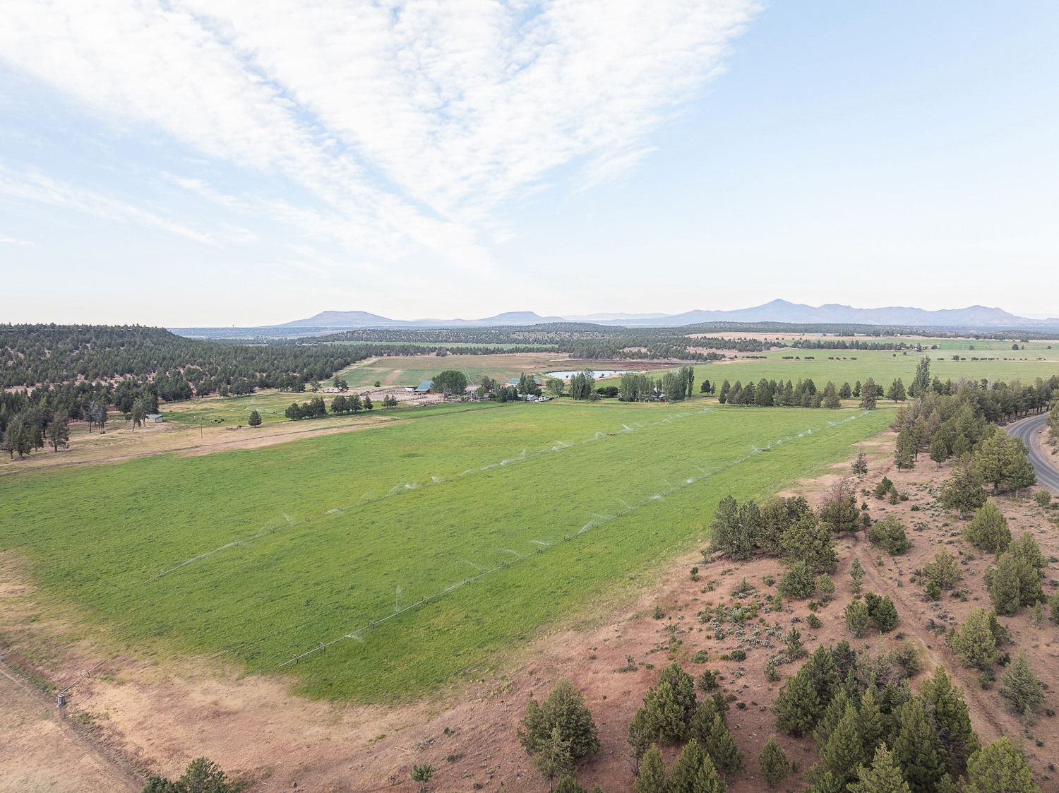 Aerial view of a large irrigated green pasture surrounded by natural terrain and pine forest in a mountainous area.