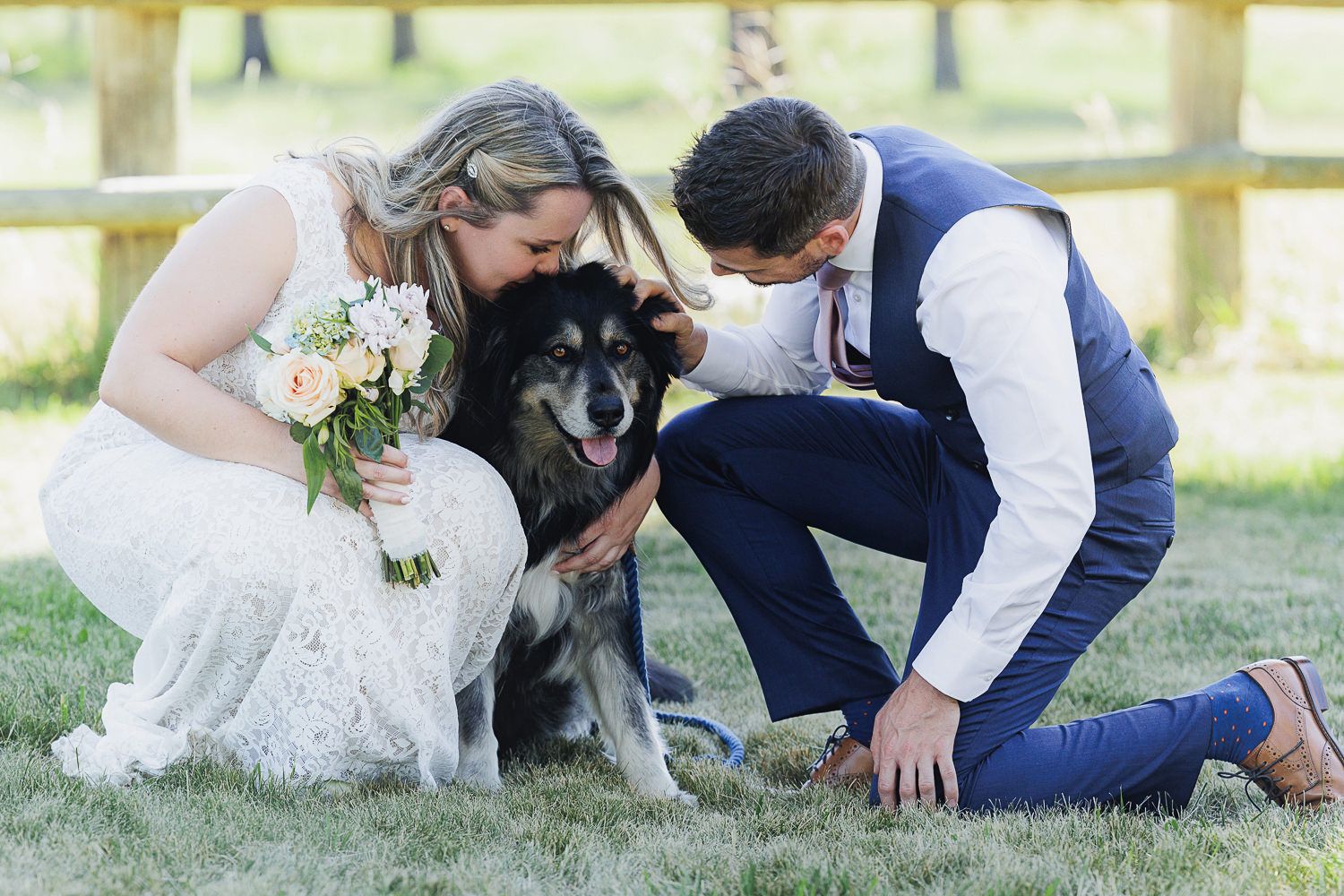 Dog runs playfully through grass with a couple in formal attire during outdoor photo session.