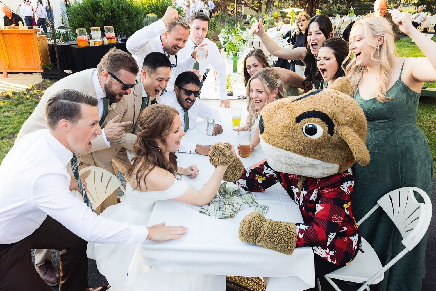 A montage of people enjoying an outdoor wedding reception with dining tables and social gatherings.