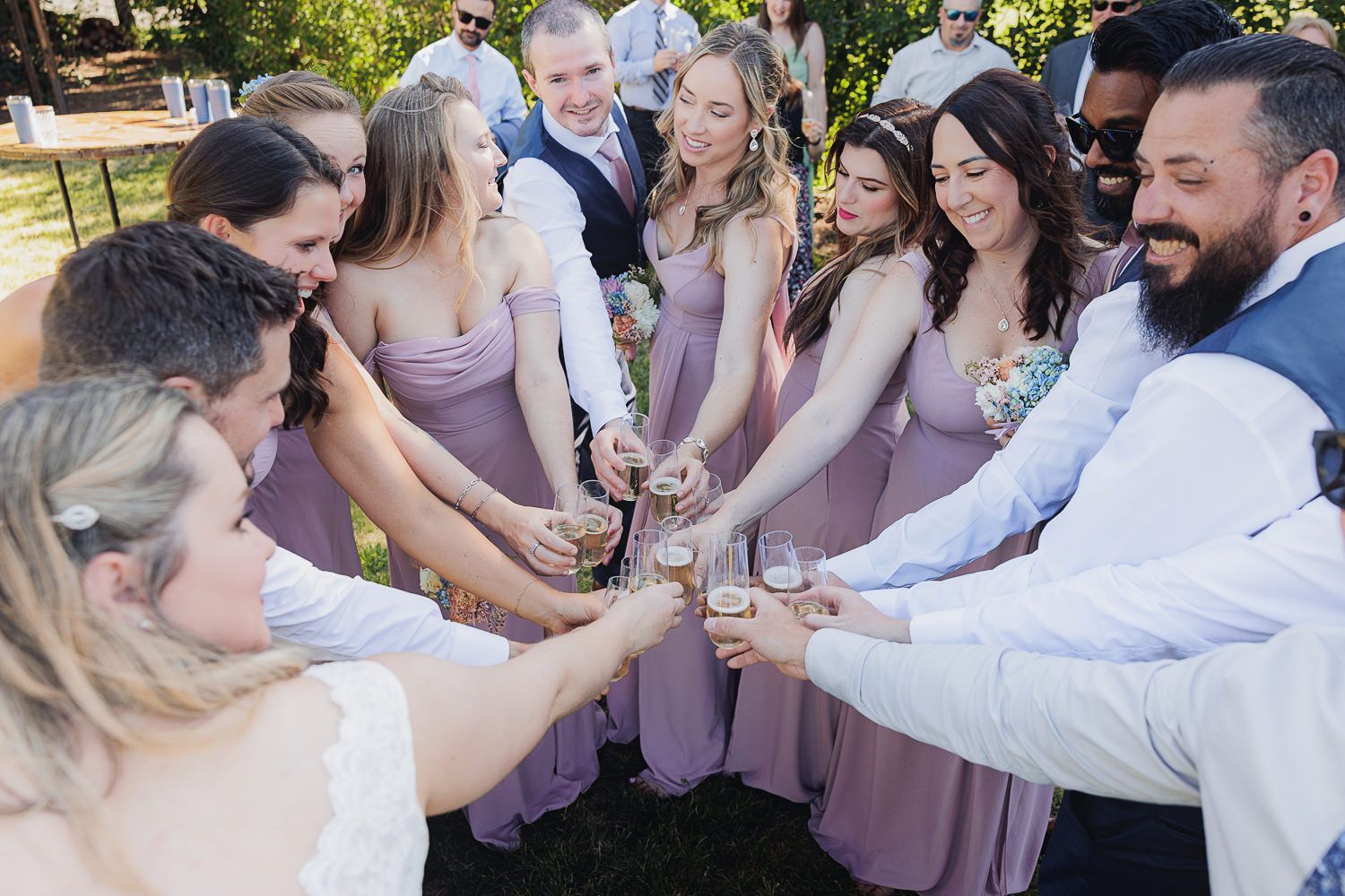 Wedding party members gather outdoors to clink champagne glasses in celebration during daytime reception.