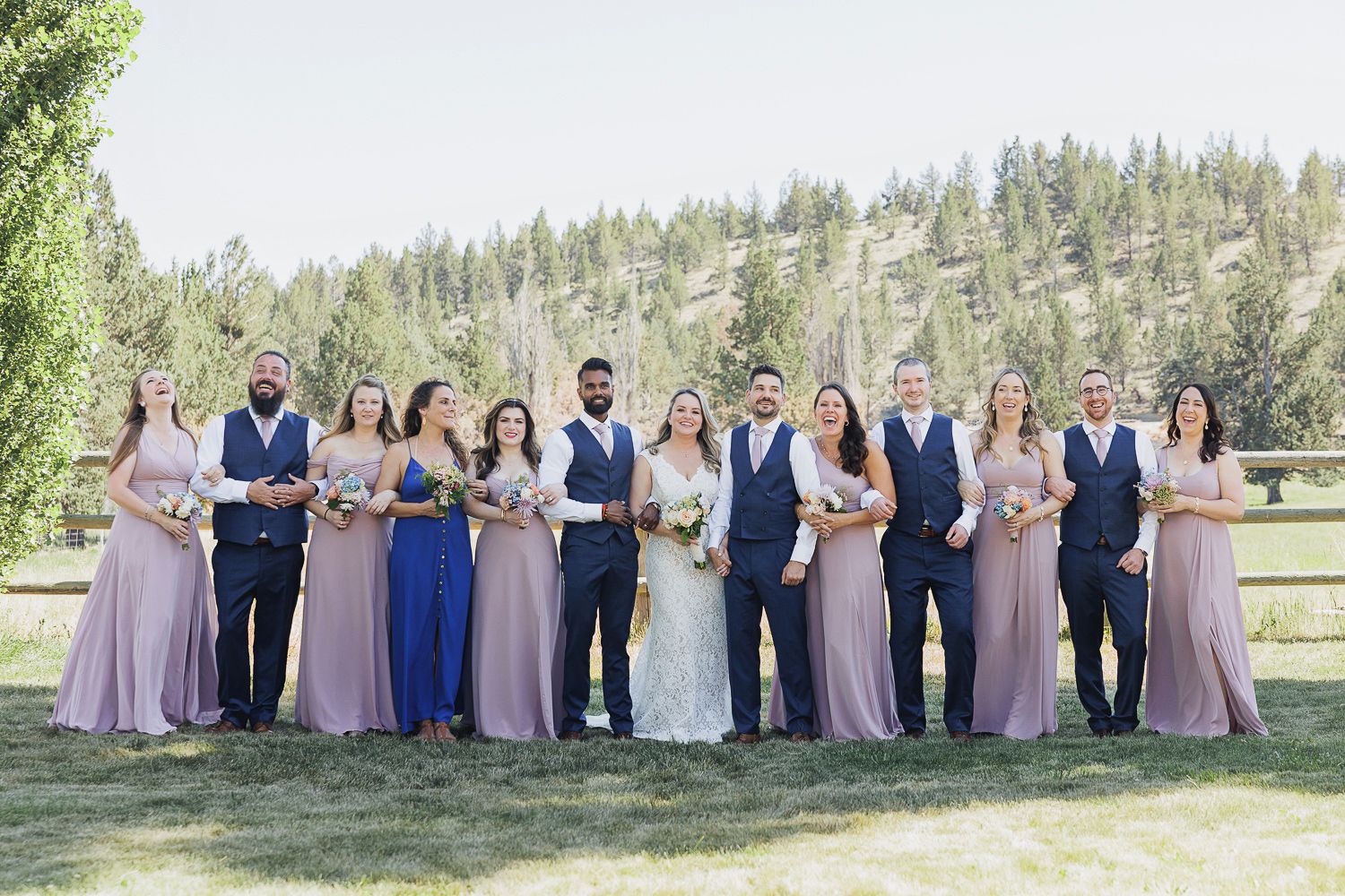 A wedding party in coordinated purple and blue formal attire poses together outdoors against a scenic landscape.