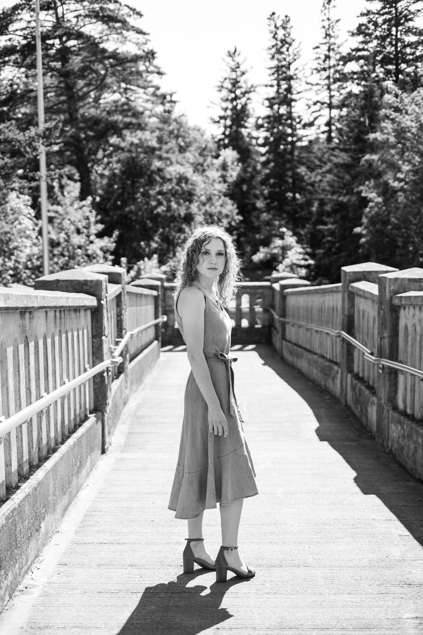 A series of black and white photos shows a woman in a dress walking on a wooden boardwalk surrounded by tall pine trees.