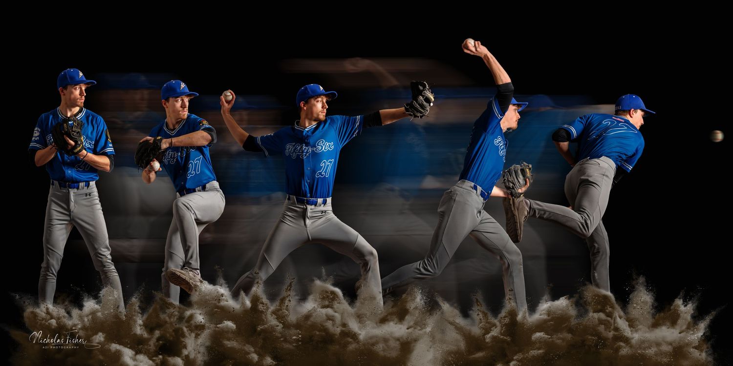 Multiple exposure sequence showing baseball pitcher in blue uniform executing throwing motion through different stages Omaha senior photos.