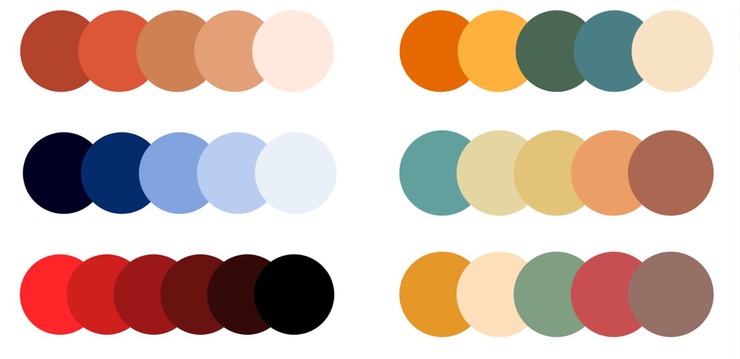 A collection of coordinated color palette swatches showing gradients of earth tones, blues, and warm hues arranged in rows.