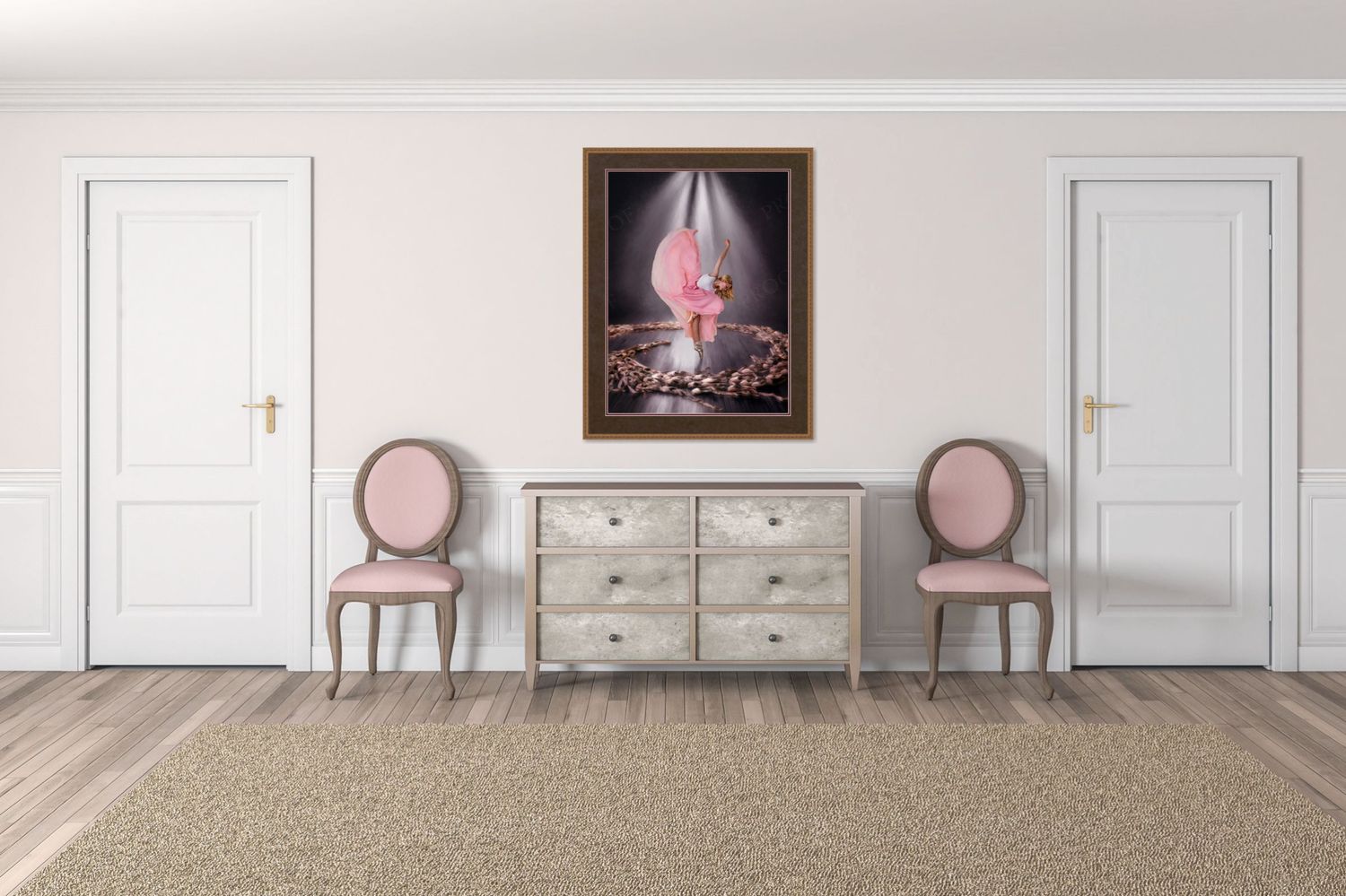 Senior Photographer in Omaha - Elegant hallway with two pink chairs flanking a distressed dresser and framed artwork on white walls.