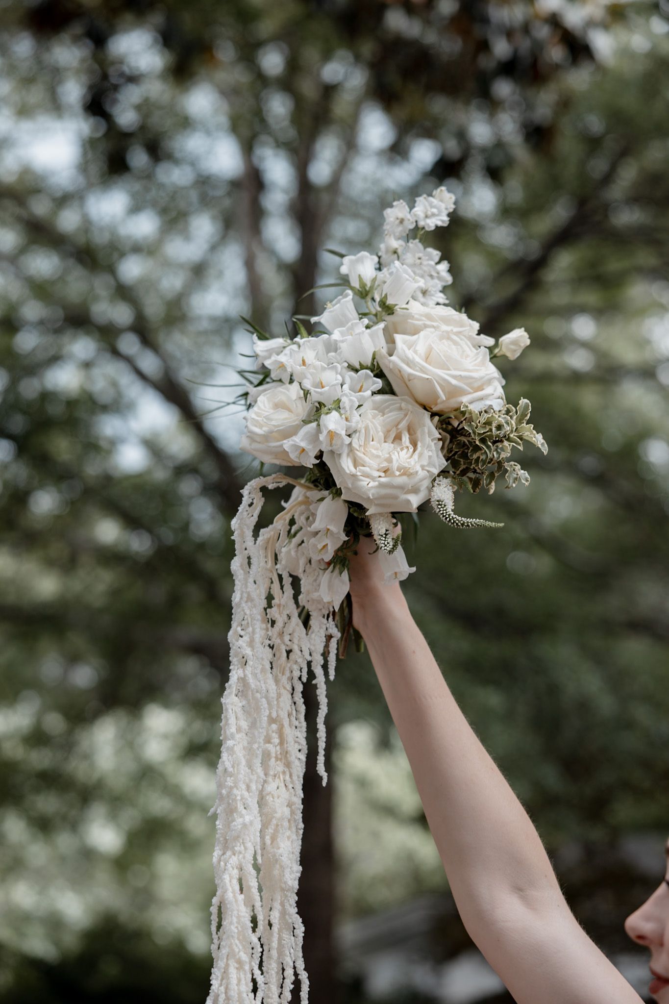 Elegant white bridal bouquet with roses and flowing lace ribbons held up against a blurred green background.