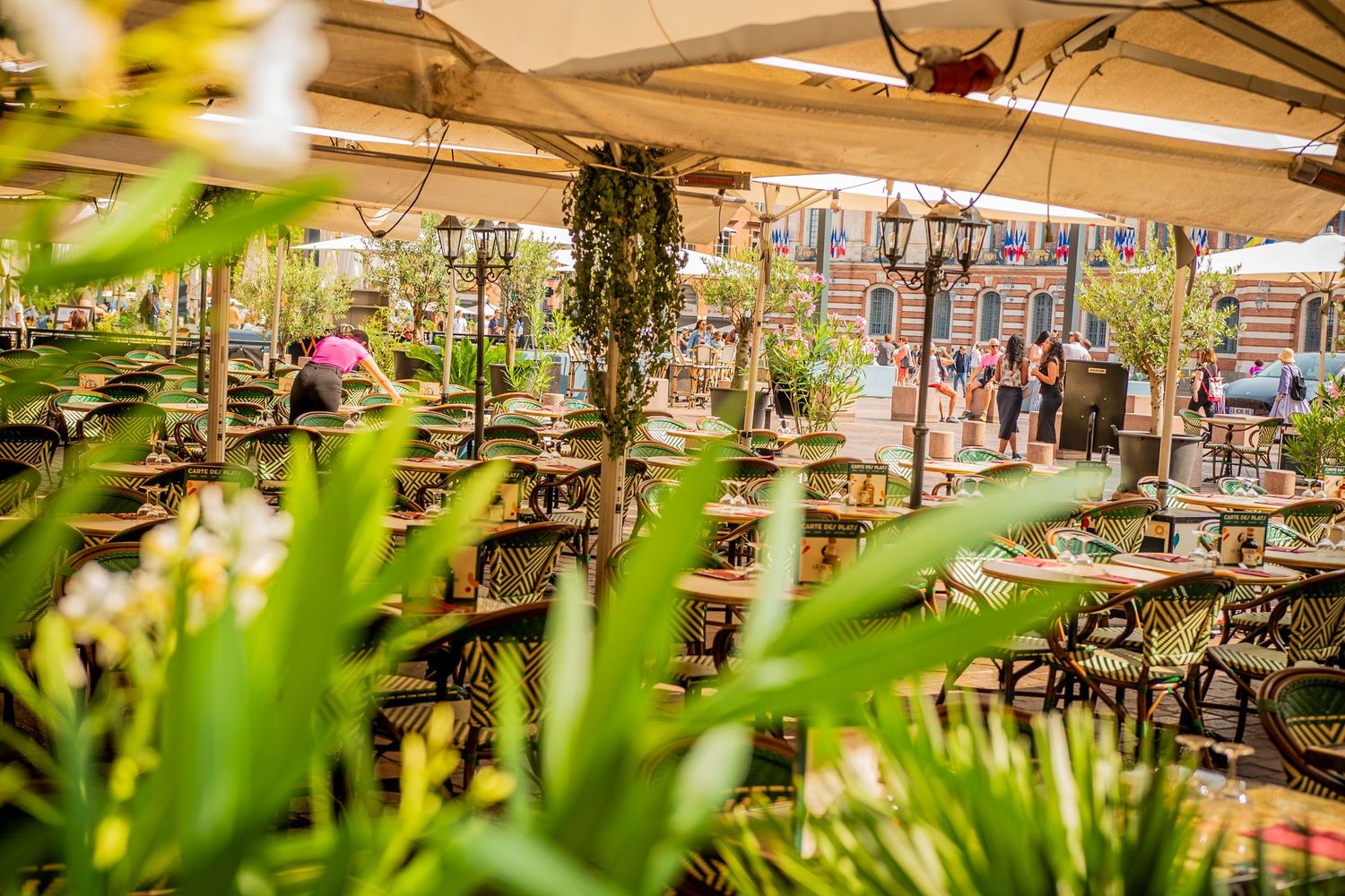 Indoor dining area with pendant lights and lush plants creating a cozy garden-inspired restaurant atmosphere.