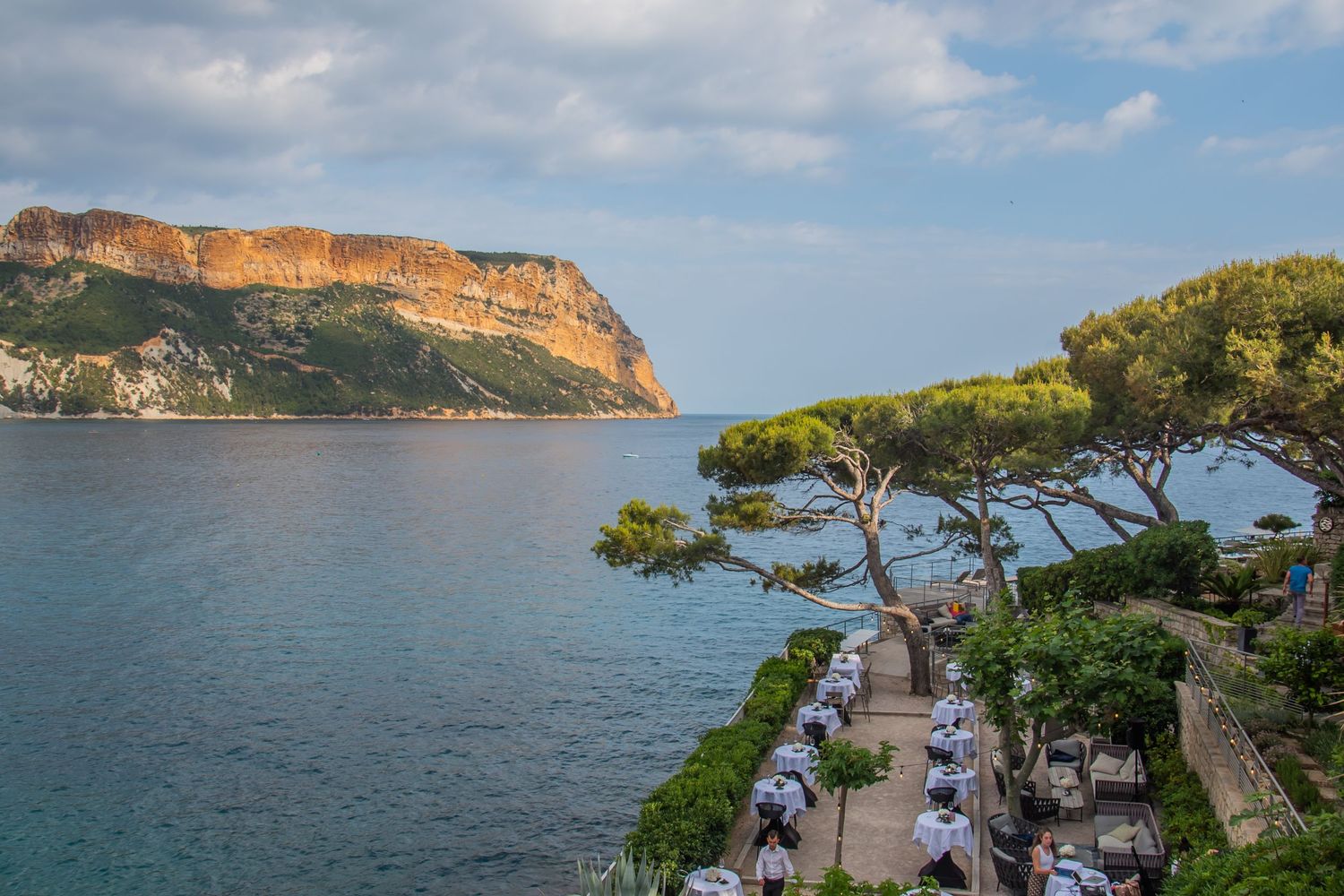 Scenic coastal views along the Mediterranean coastline with turquoise waters, cliffs and pine trees in Calanques, France.