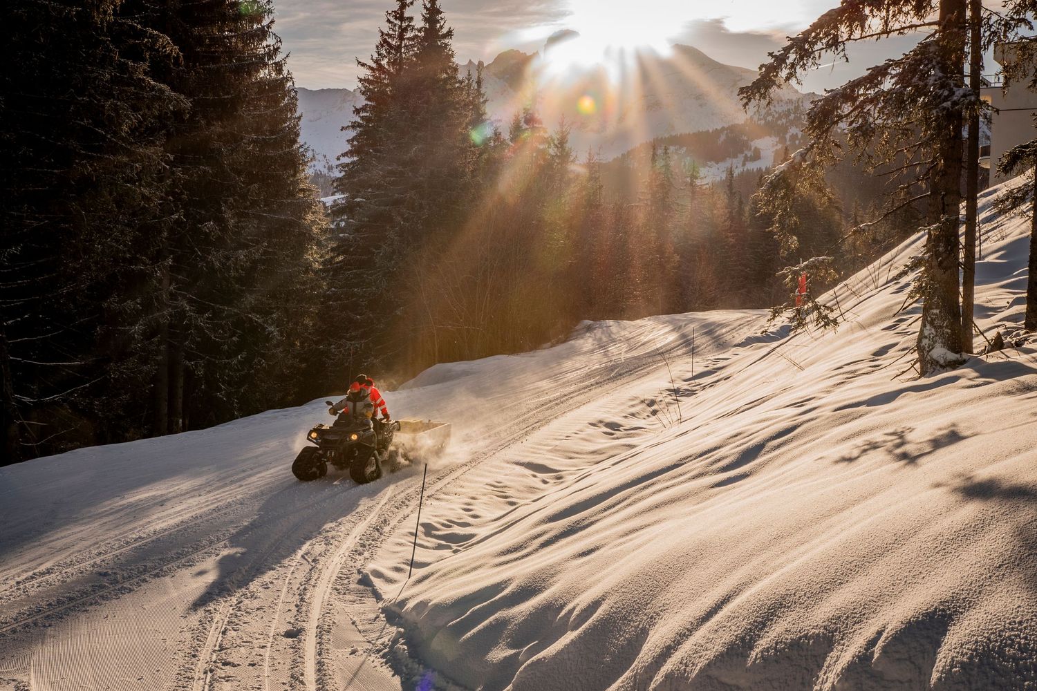 A snowmobile traverses a snowy mountain slope with dramatic sunburst shining through evergreen trees in winter.