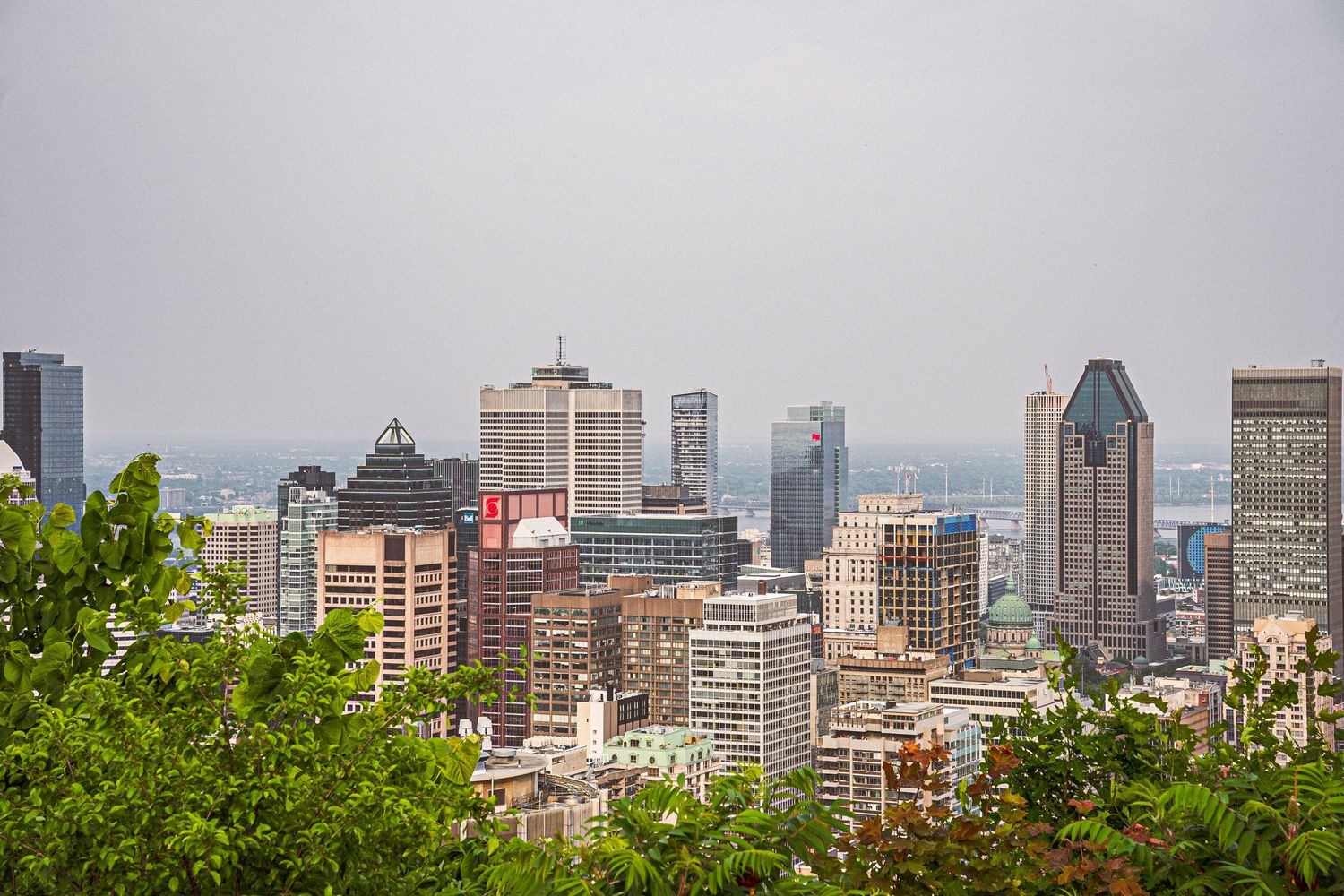 Montreal skyline panorama showing downtown cityscape and modern buildings on an overcast day.