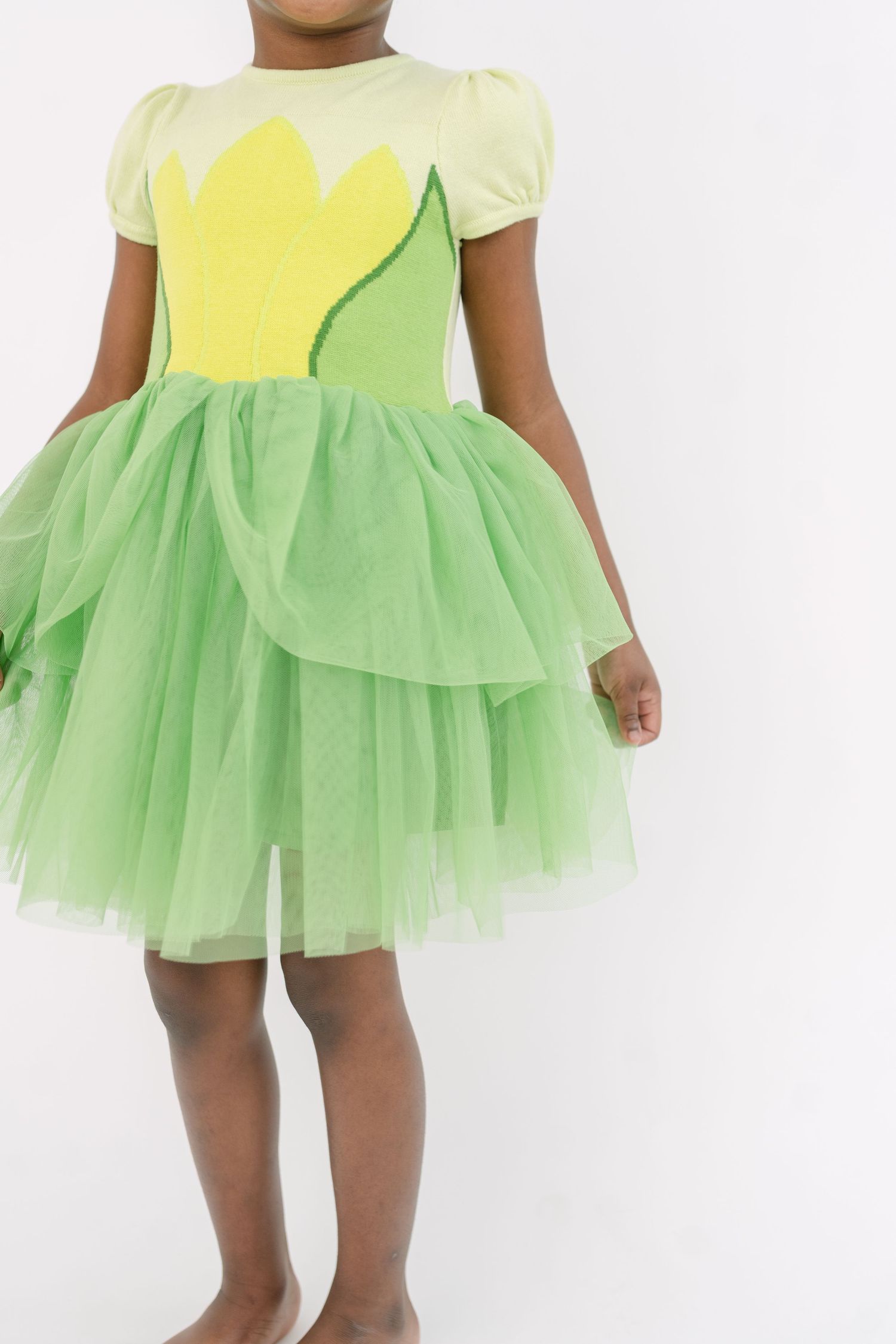 Green and yellow fairy-inspired tulle dress with puff sleeves.