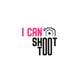 Round logo design with pink and black text 'I Can Shoot Too' and camera icon on white background.