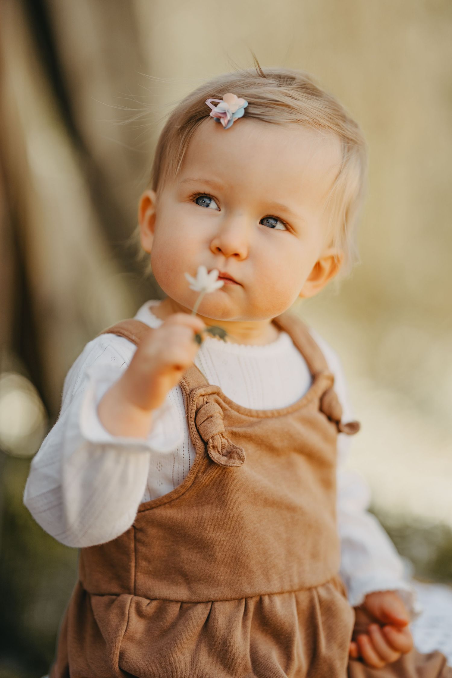 Adorable toddler in brown pinafore dress and white shirt with a small hair clip looking upward thoughtfully.