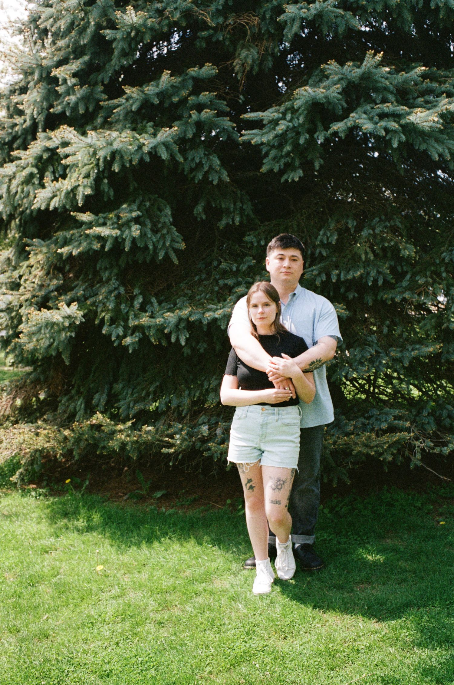 A couple embraces while standing on grass in front of a large evergreen tree on a sunny summer day.