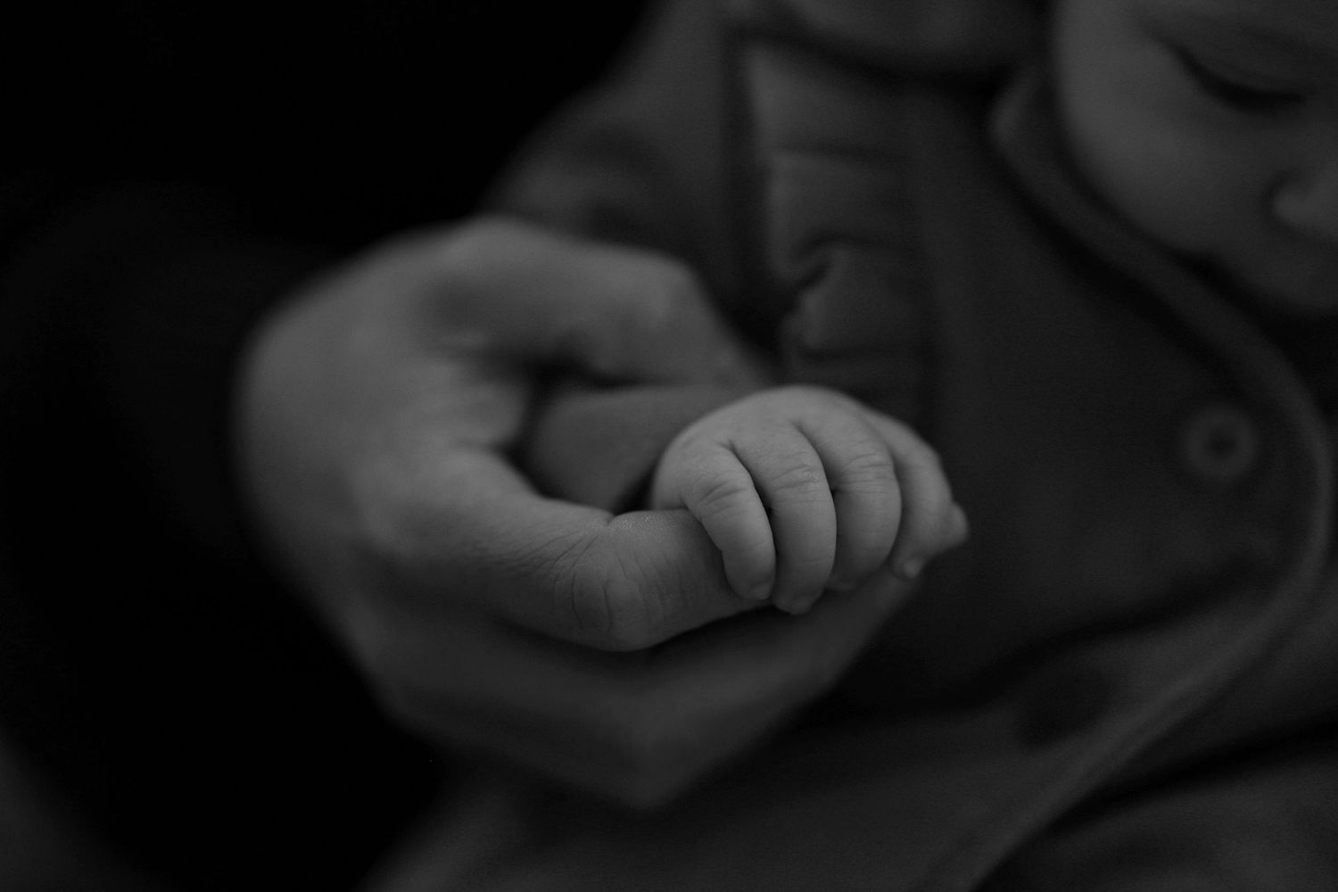 A small infant's hand gently rests in an adult's protective palm in this tender black and white photograph.