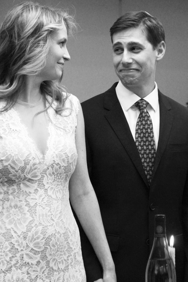 A black and white image series showing formal interaction between a woman in white lace and man in dark suit.