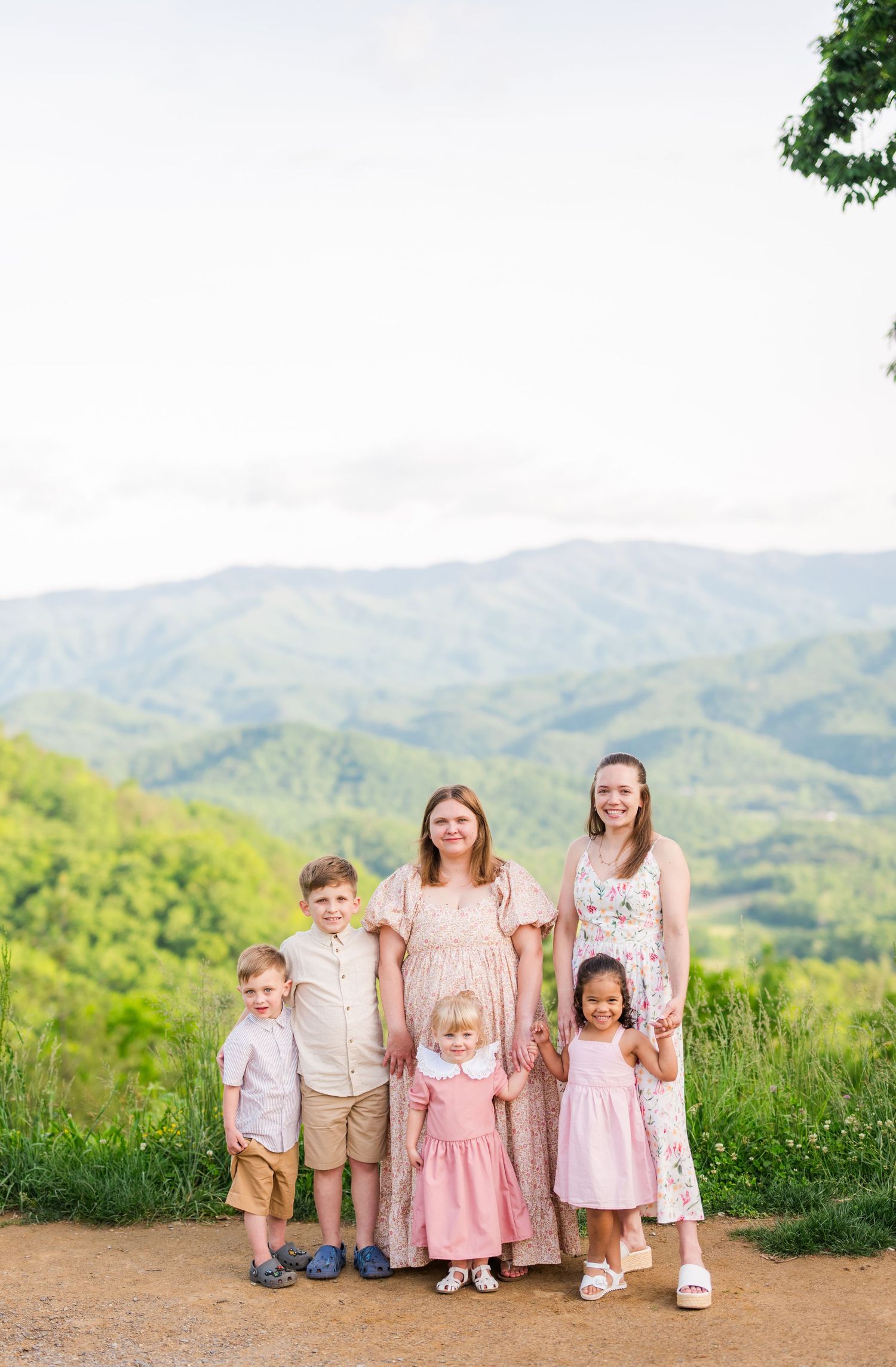 A family group together on a mountain overlook with scenic rolling hills in the background on a sunny day off of the foothills parkway