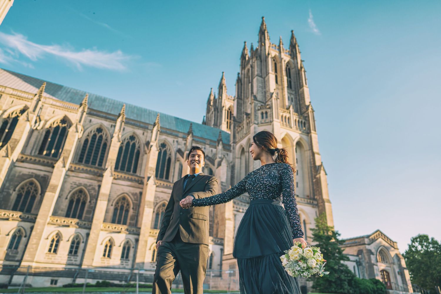 Gothic church spires rise against a blue sky in a set of architectural photos showing cathedral exteriors.