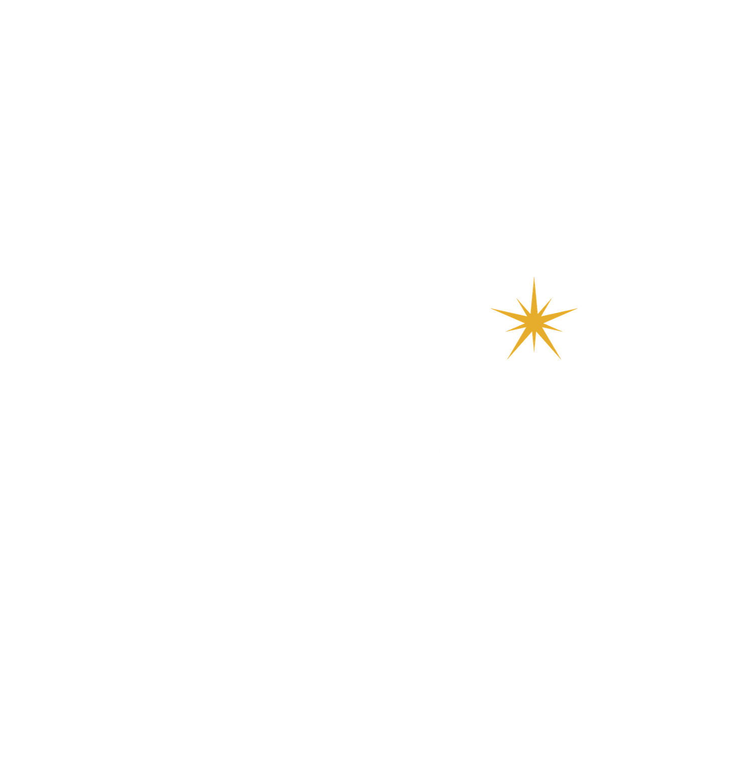 White circular logo design with letter B and gold star accent on black background.