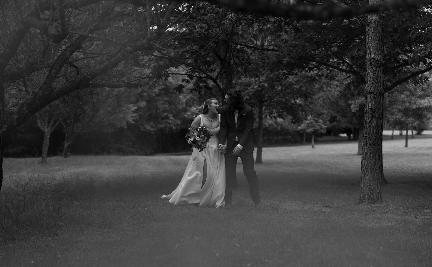 A series of black and white landscape photographs showing trees and a path in a peaceful park setting.