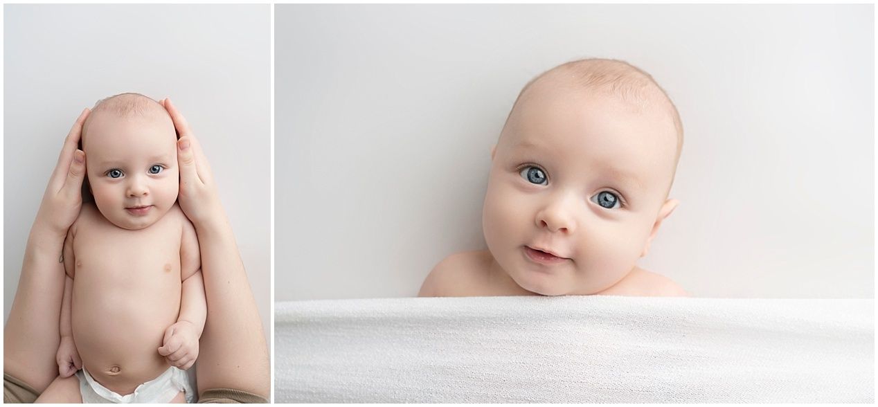 Professional baby portraits showing infant on white backdrop in minimalist style.