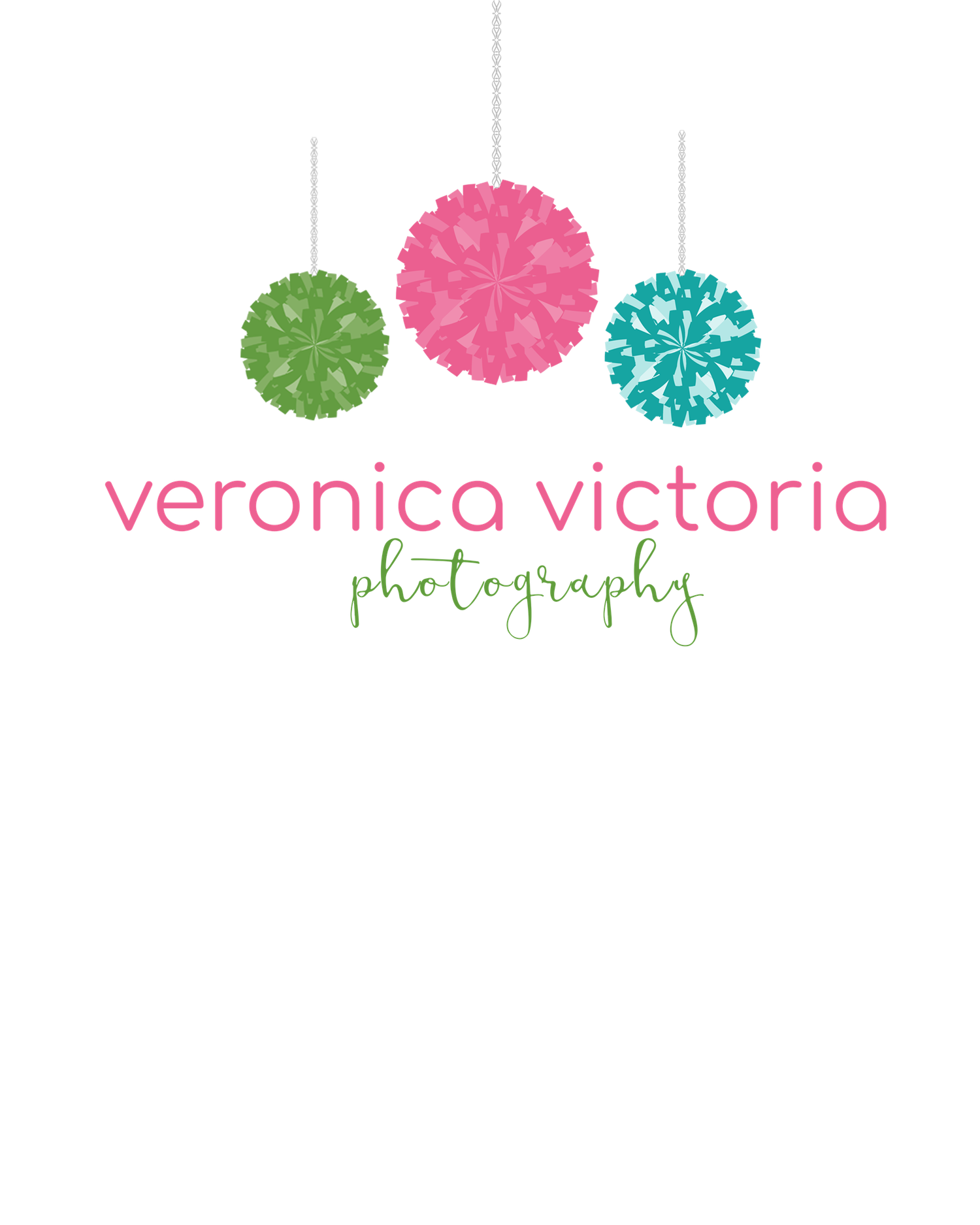 A photography logo with pink, green and turquoise pom pom icons above stylized text reading 'veronica victoria photography'.